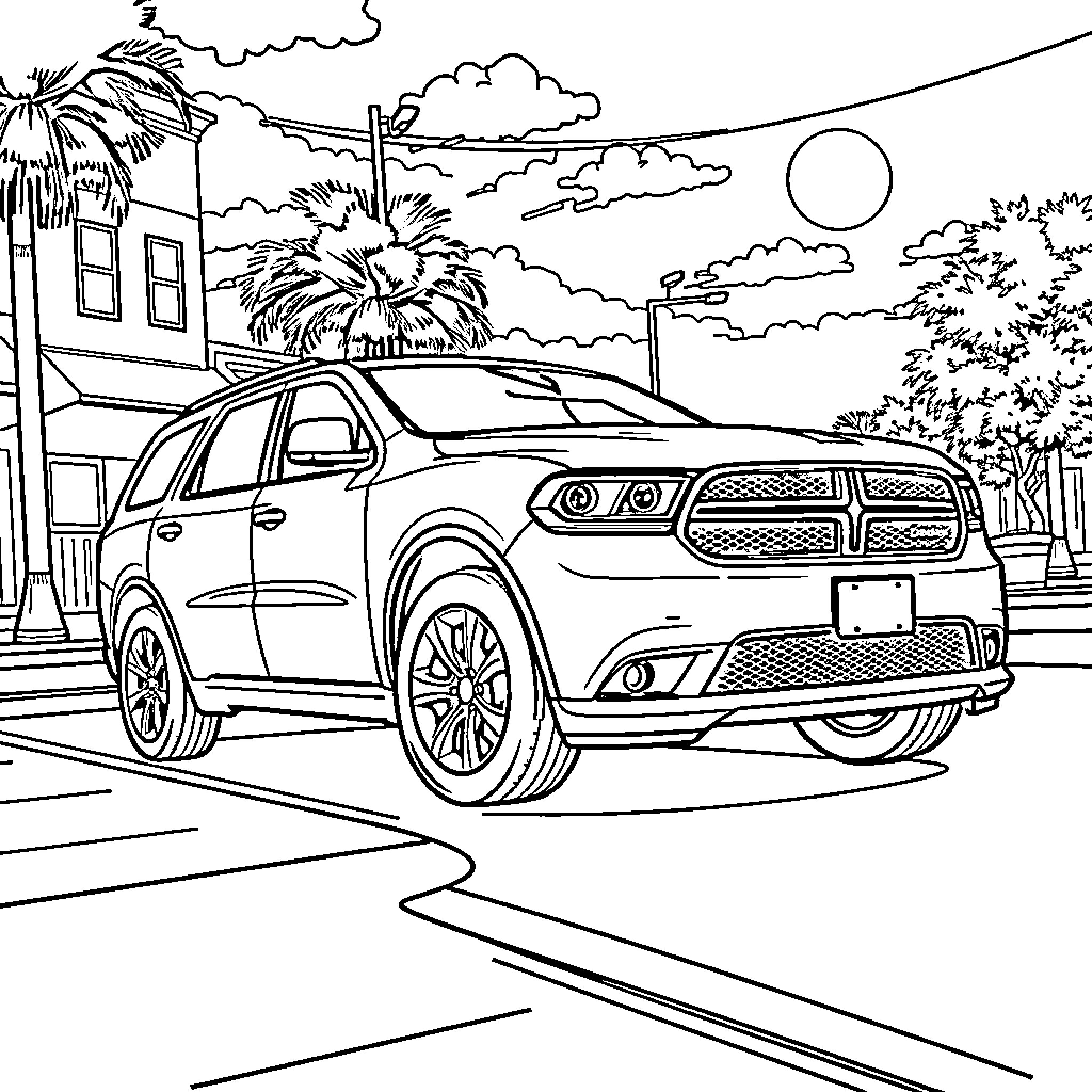 Dodge Durango SUV in urban setting Coloring Page (free black-and-white line drawing printable PDF for all, from beginners to advanced learners, including children, teens, adults, and seniors)