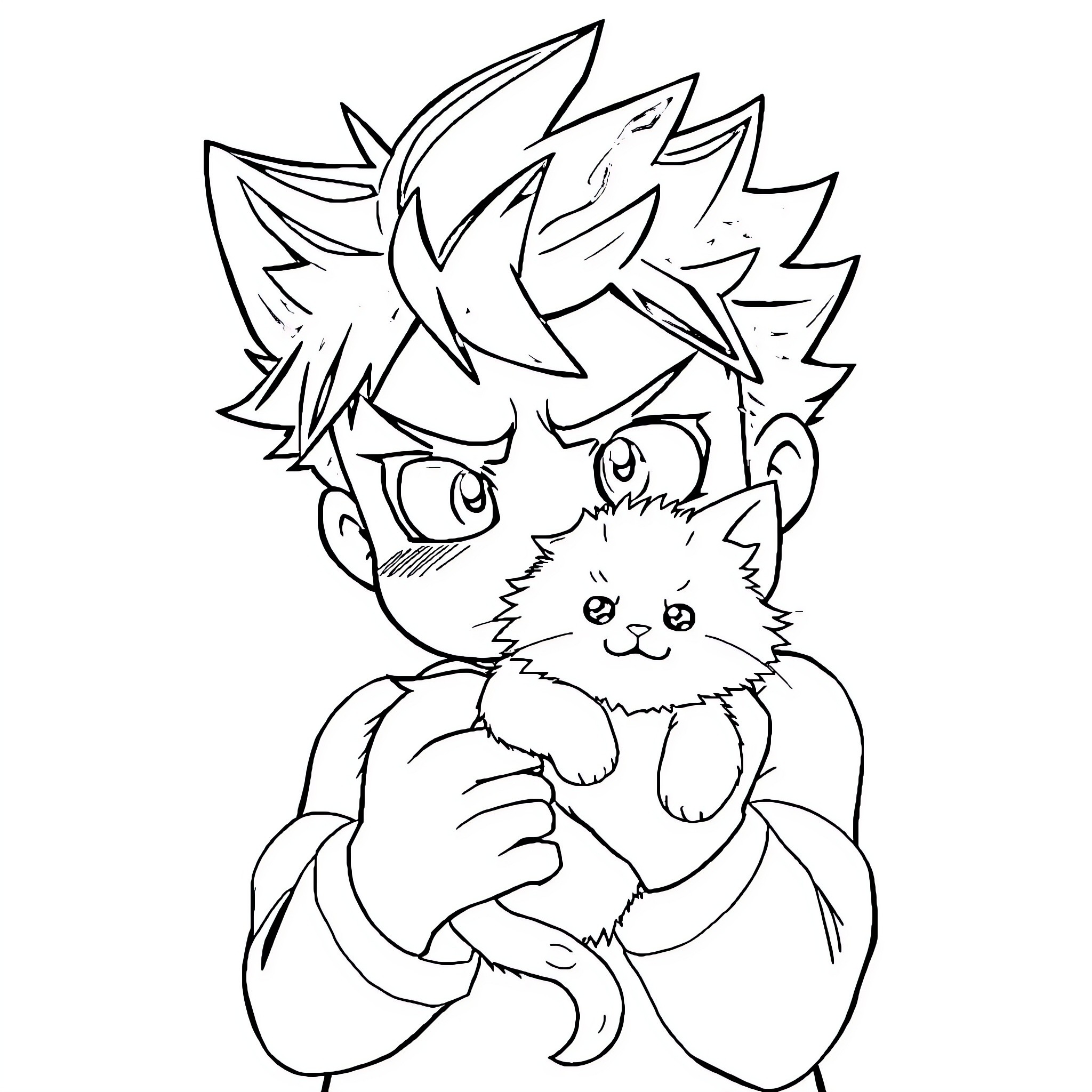 Bakugo and his furry companion Coloring Page (free black-and-white line drawing printable PDF for all, from beginners to advanced learners, including children, teens, adults, and seniors)