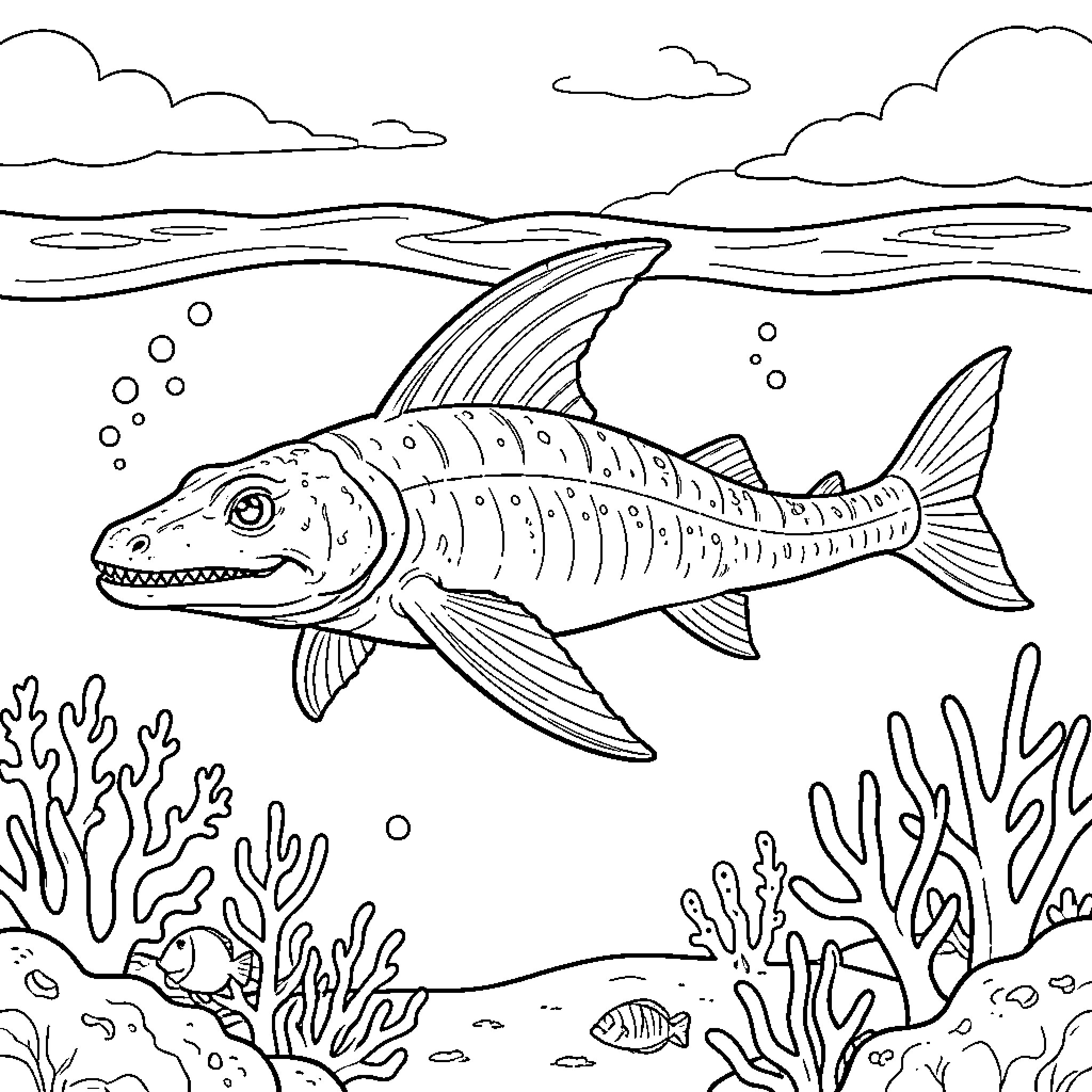 Ichthyosaur swimming through a coral reef ocean scene Coloring Page (free black-and-white line drawing printable PDF for all, from beginners to advanced learners, including children, teens, adults, and seniors)