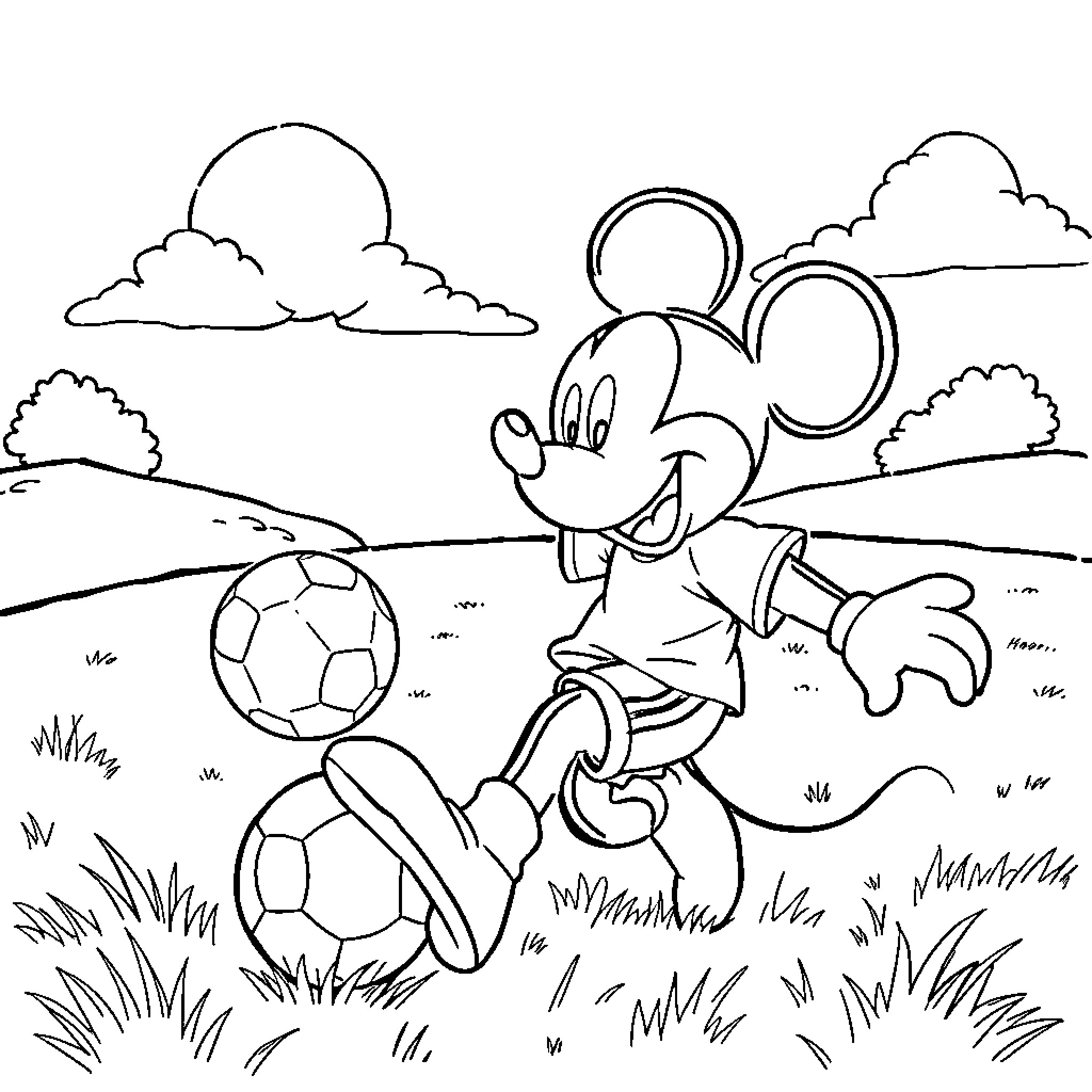 Mickey Mouse playing soccer in a field Coloring Page (free black-and-white line drawing printable PDF for all, from beginners to advanced learners, including children, teens, adults, and seniors)