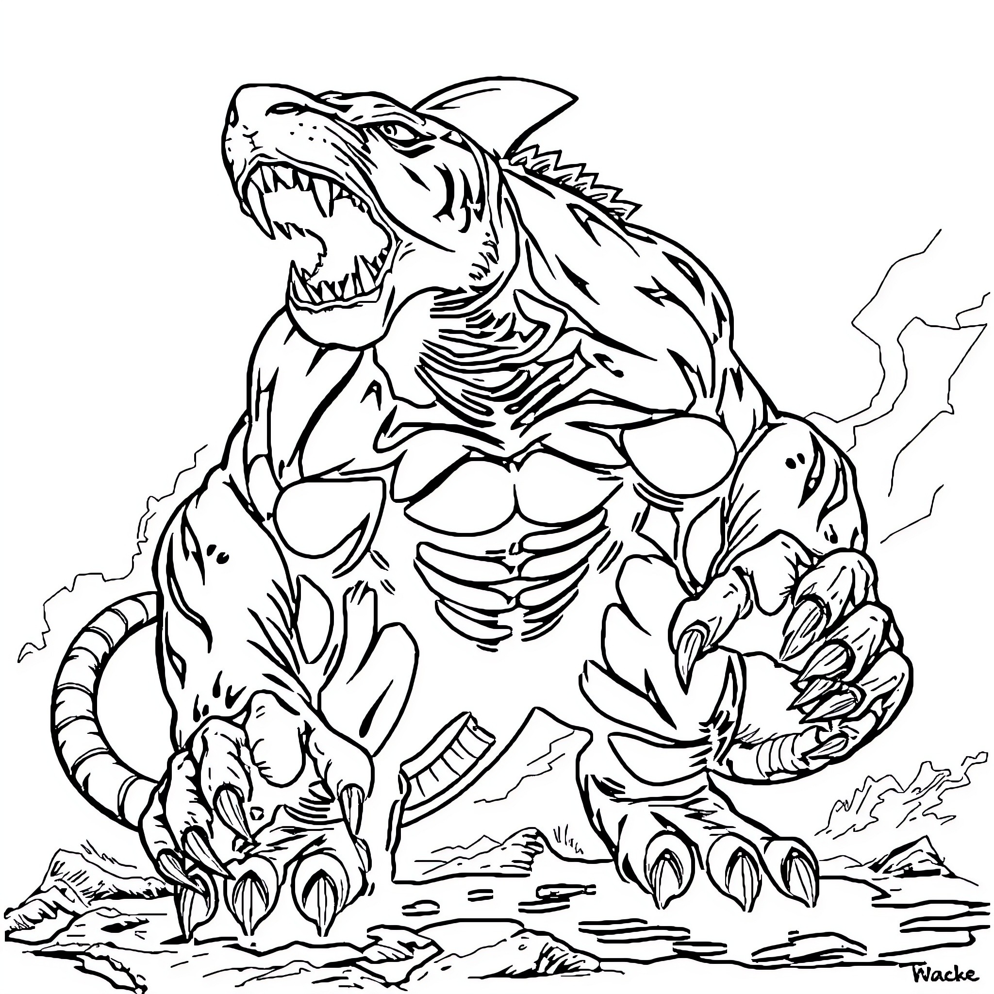 Shark monster unleashing its ferocity Coloring Page (free black-and-white line drawing printable PDF for all, from beginners to advanced learners, including children, teens, adults, and seniors)