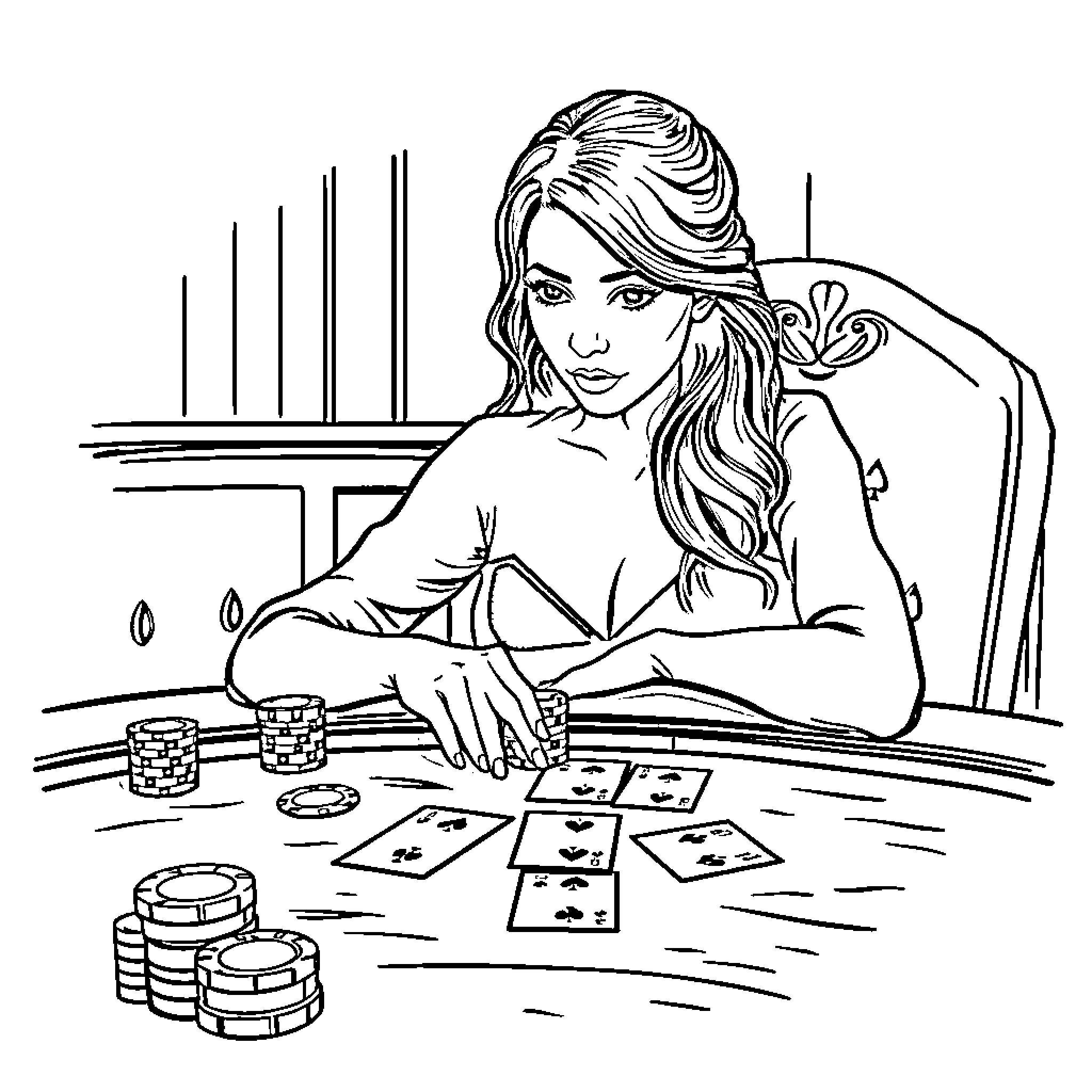 Caitlyn Kiramman playing cards at the casino Coloring Page (free black-and-white line drawing printable PDF for all, from beginners to advanced learners, including children, teens, adults, and seniors)
