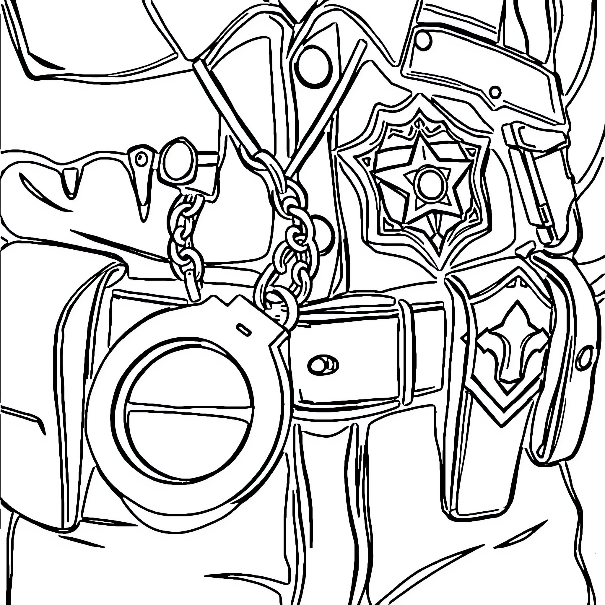 Police Accessories on Display Coloring Page (free black-and-white line drawing printable PDF for all, from beginners to advanced learners, including children, teens, adults, and seniors)