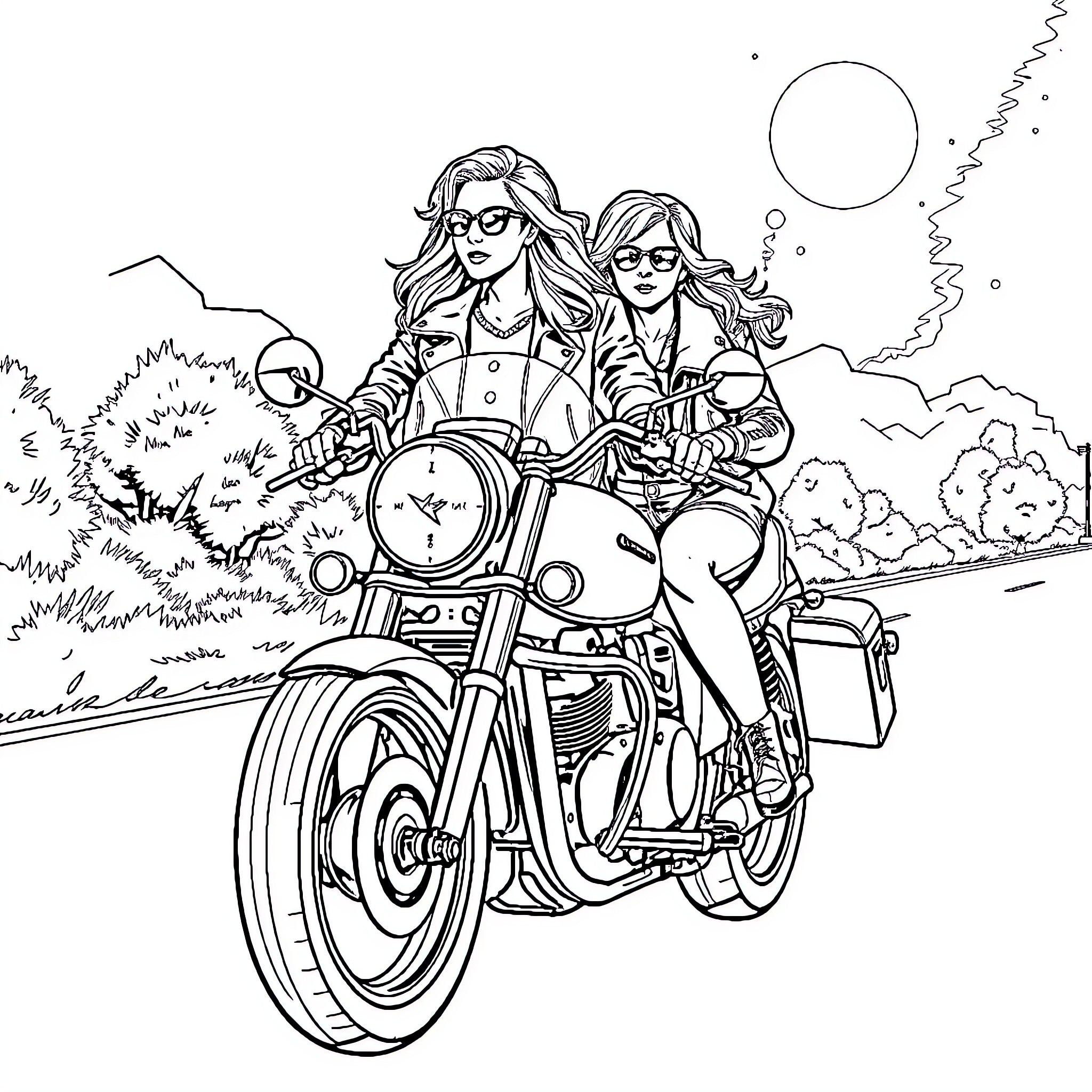 Lesbian Bikers Cruising Down the Open Road Coloring Page (free black-and-white line drawing printable PDF for all, from beginners to advanced learners, including children, teens, adults, and seniors)