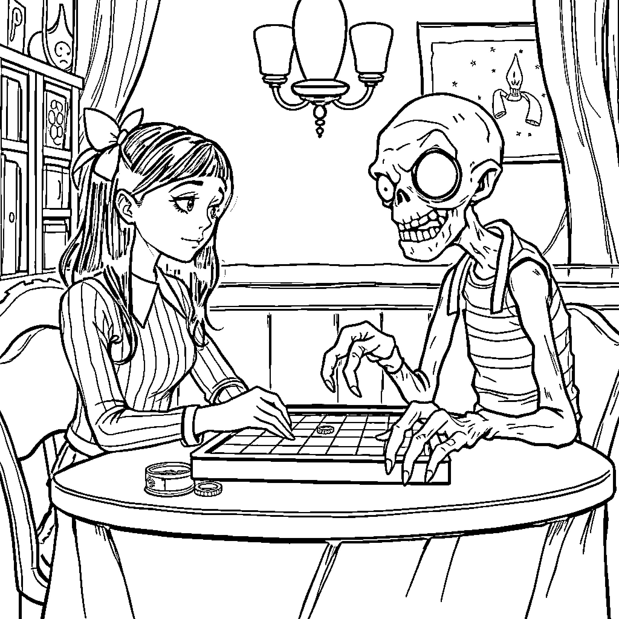 Wednesday Adams plays chess with a spooky companion Coloring Page (free black-and-white line drawing printable PDF for all, from beginners to advanced learners, including children, teens, adults, and seniors)