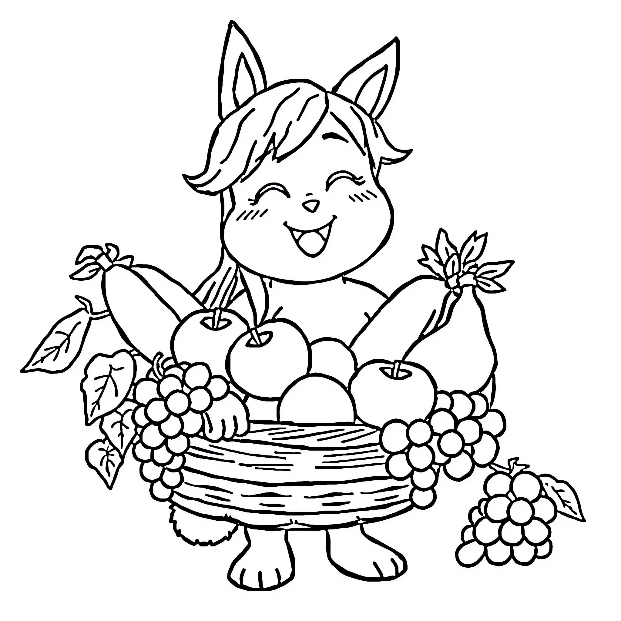 Kuromi enjoying a basket of fruits and flowers Coloring Page (free black-and-white line drawing printable PDF for all, from beginners to advanced learners, including children, teens, adults, and seniors)