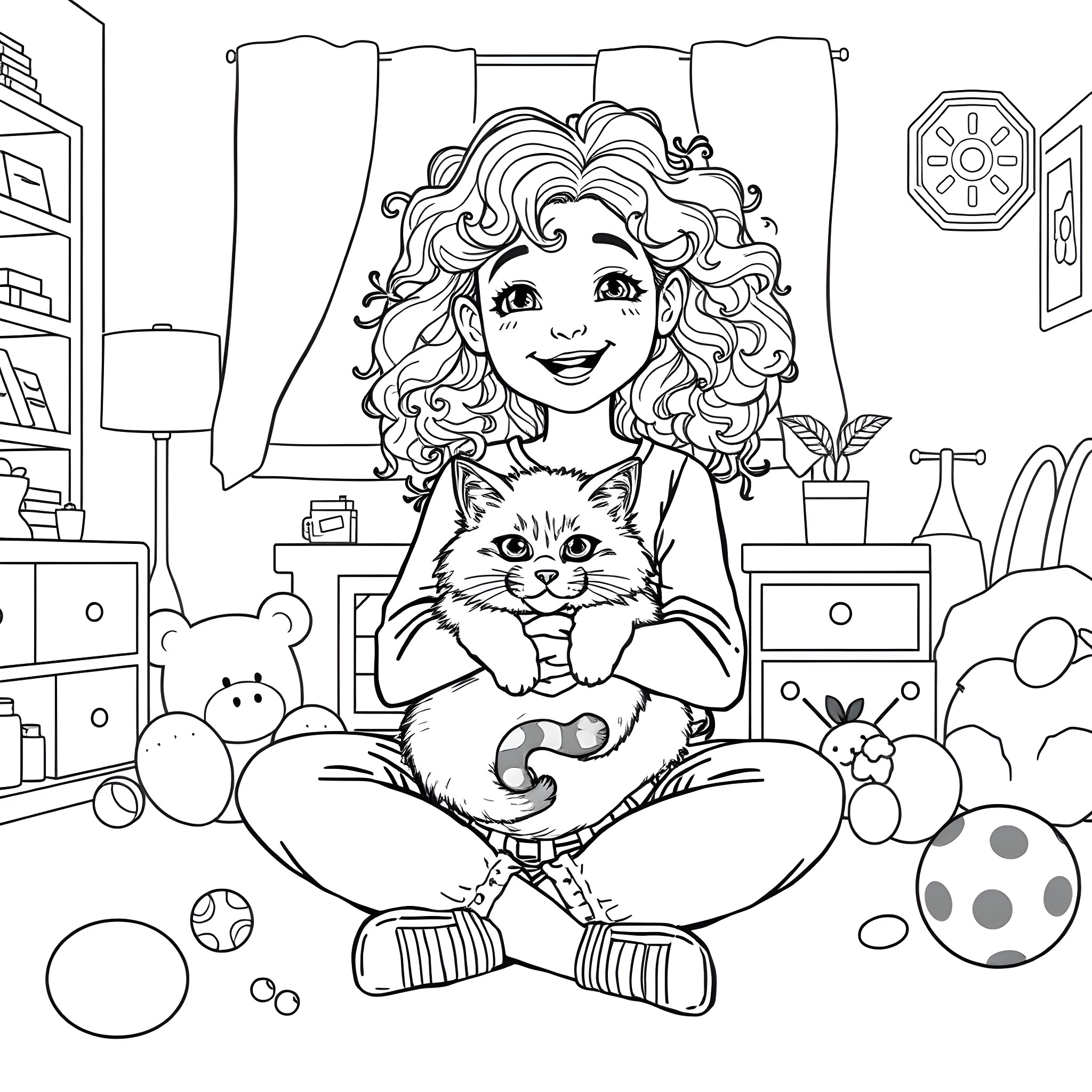 Girl Cuddling Playful Kitten in Cozy Bedroom Coloring Page (free black-and-white line drawing printable PDF for all, from beginners to advanced learners, including children, teens, adults, and seniors)