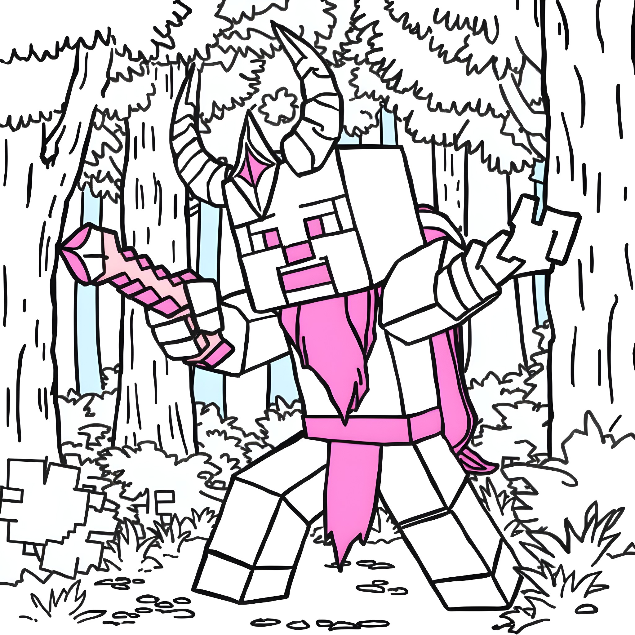 Minecraft Character Exploring in the Forest Coloring Page (free black-and-white line drawing printable PDF for all, from beginners to advanced learners, including children, teens, adults, and seniors)