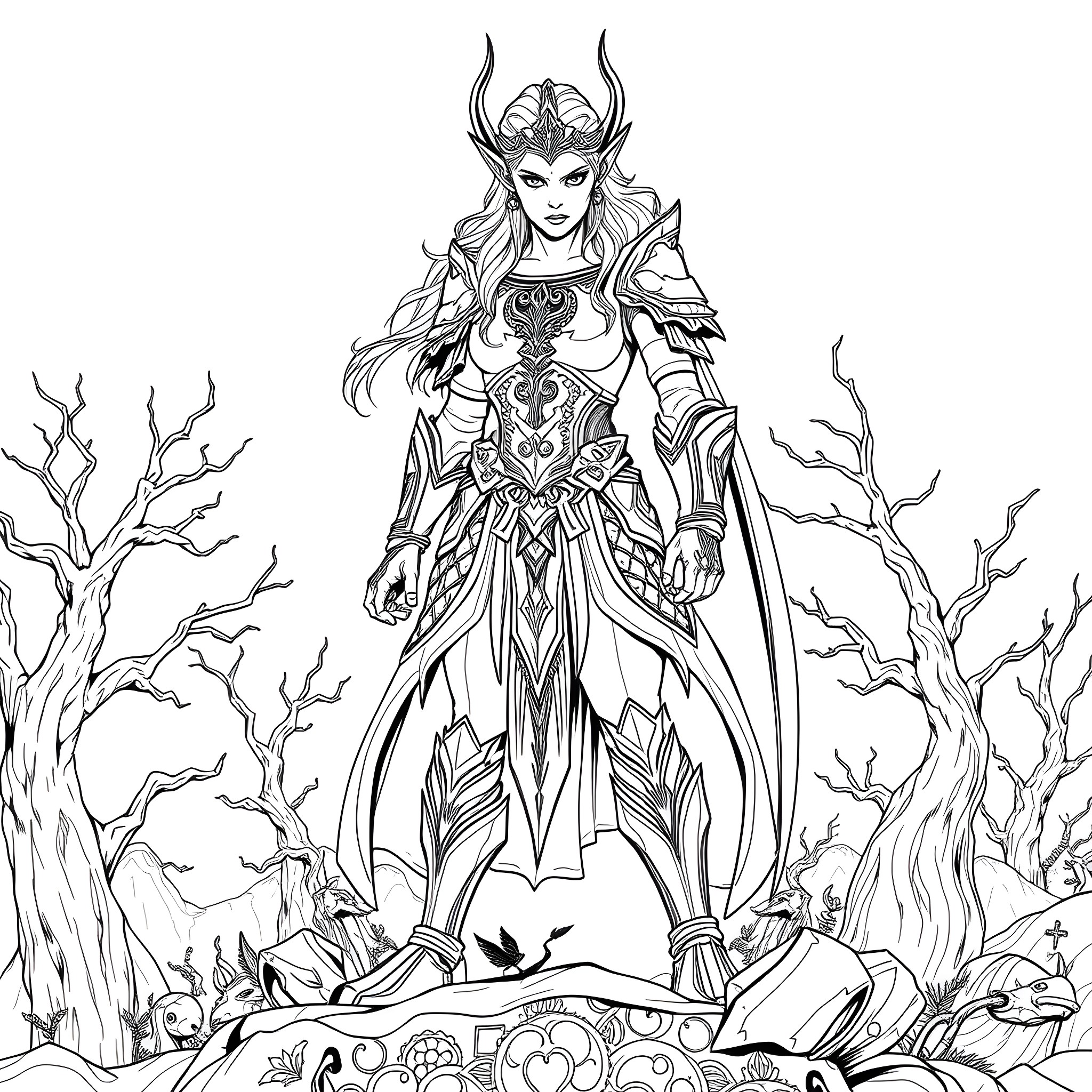 Elven Woman Wielding Powerful Armor and Weapons in Fantasy Landscape Coloring Page (free black-and-white line drawing printable PDF for all, from beginners to advanced learners, including children, teens, adults, and seniors)