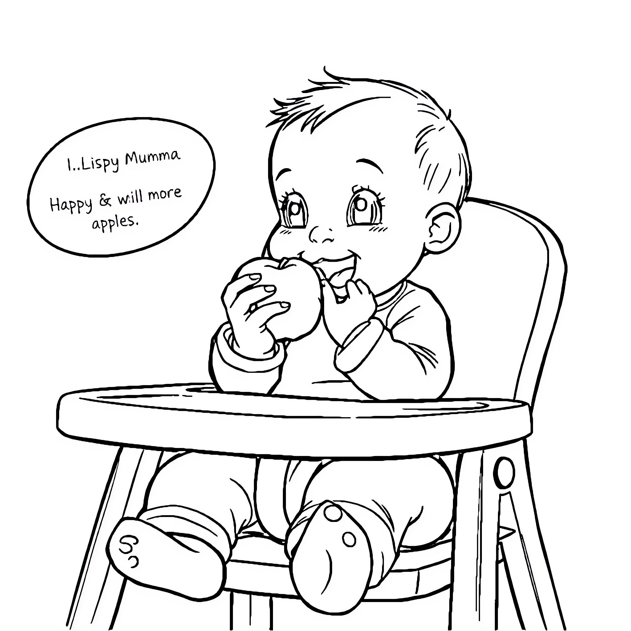 Baby happily eating apples at the table Coloring Page (free black-and-white line drawing printable PDF for all, from beginners to advanced learners, including children, teens, adults, and seniors)