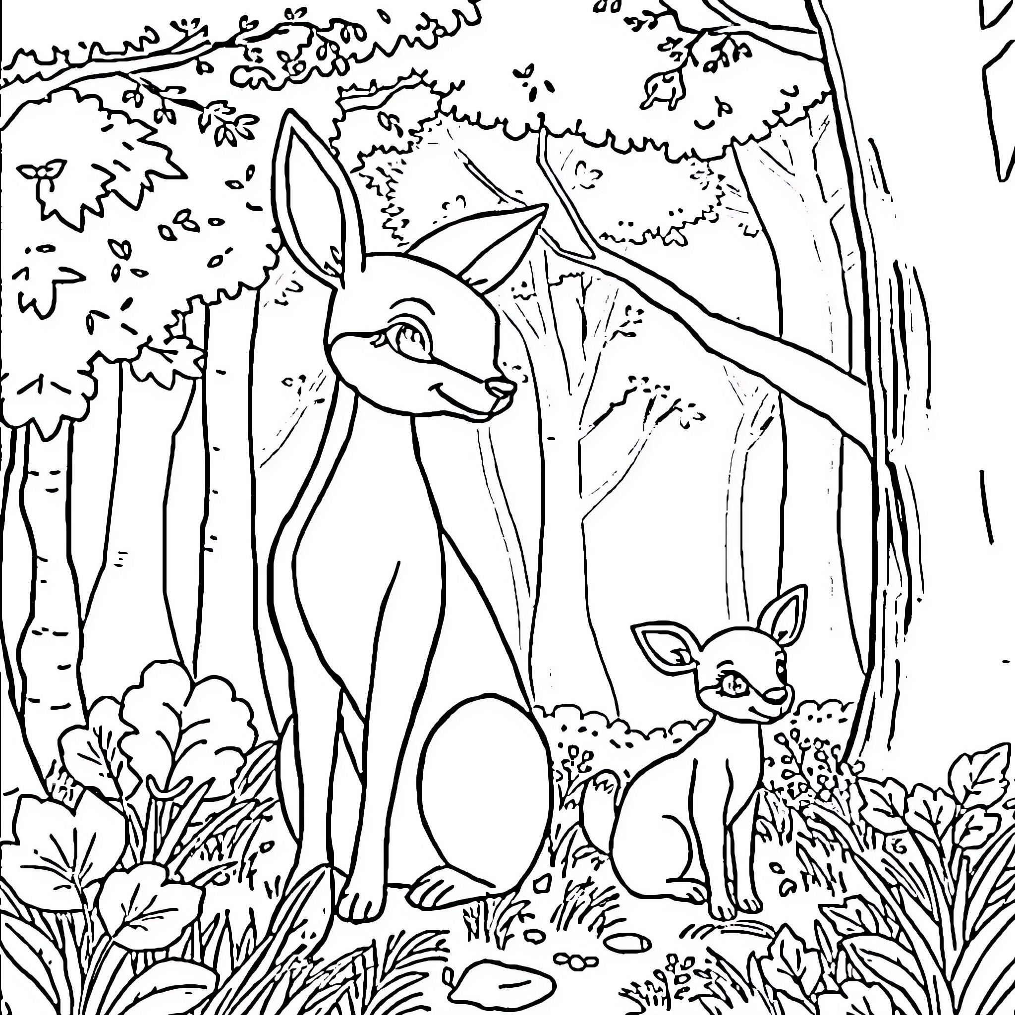 Deer exploring the enchanting forest with their young Coloring Page (free black-and-white line drawing printable PDF for all, from beginners to advanced learners, including children, teens, adults, and seniors)