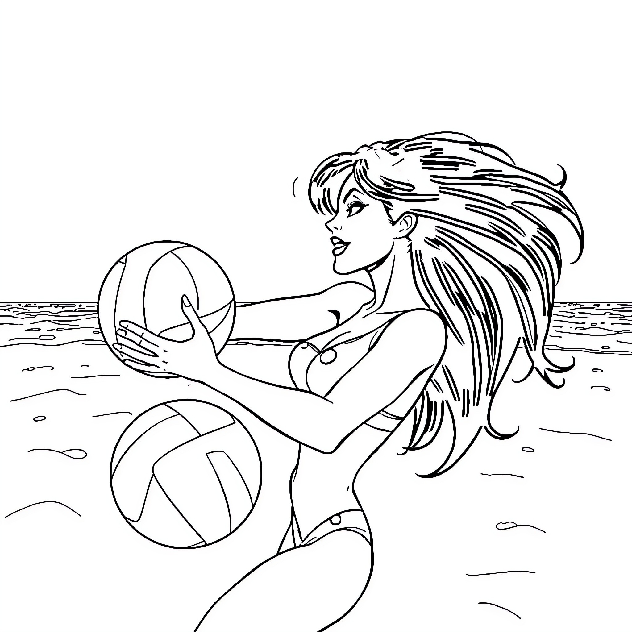 Vampirella Playing Volleyball on the Beach Coloring Page (free black-and-white line drawing printable PDF for all, from beginners to advanced learners, including children, teens, adults, and seniors)