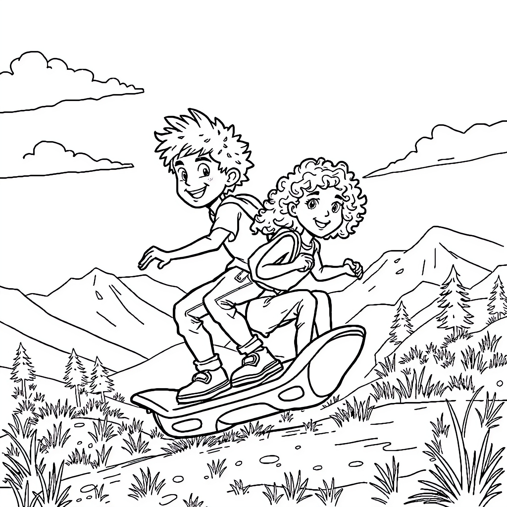 Child exploring the outdoors with friend on hoverboard Coloring Page (free black-and-white line drawing printable PDF for all, from beginners to advanced learners, including children, teens, adults, and seniors)