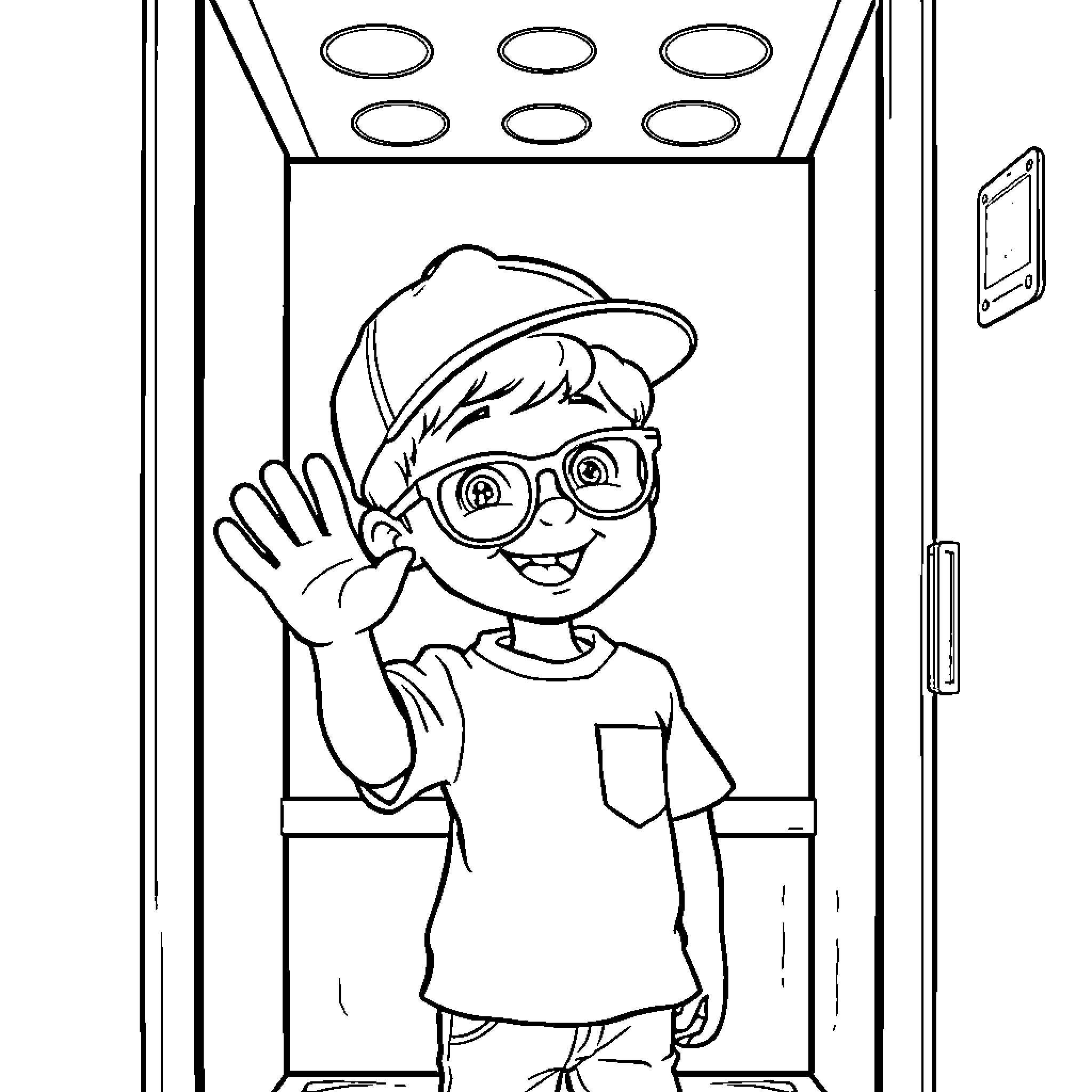 Boy waving happily in an elevator Coloring Page (free black-and-white line drawing printable PDF for all, from beginners to advanced learners, including children, teens, adults, and seniors)