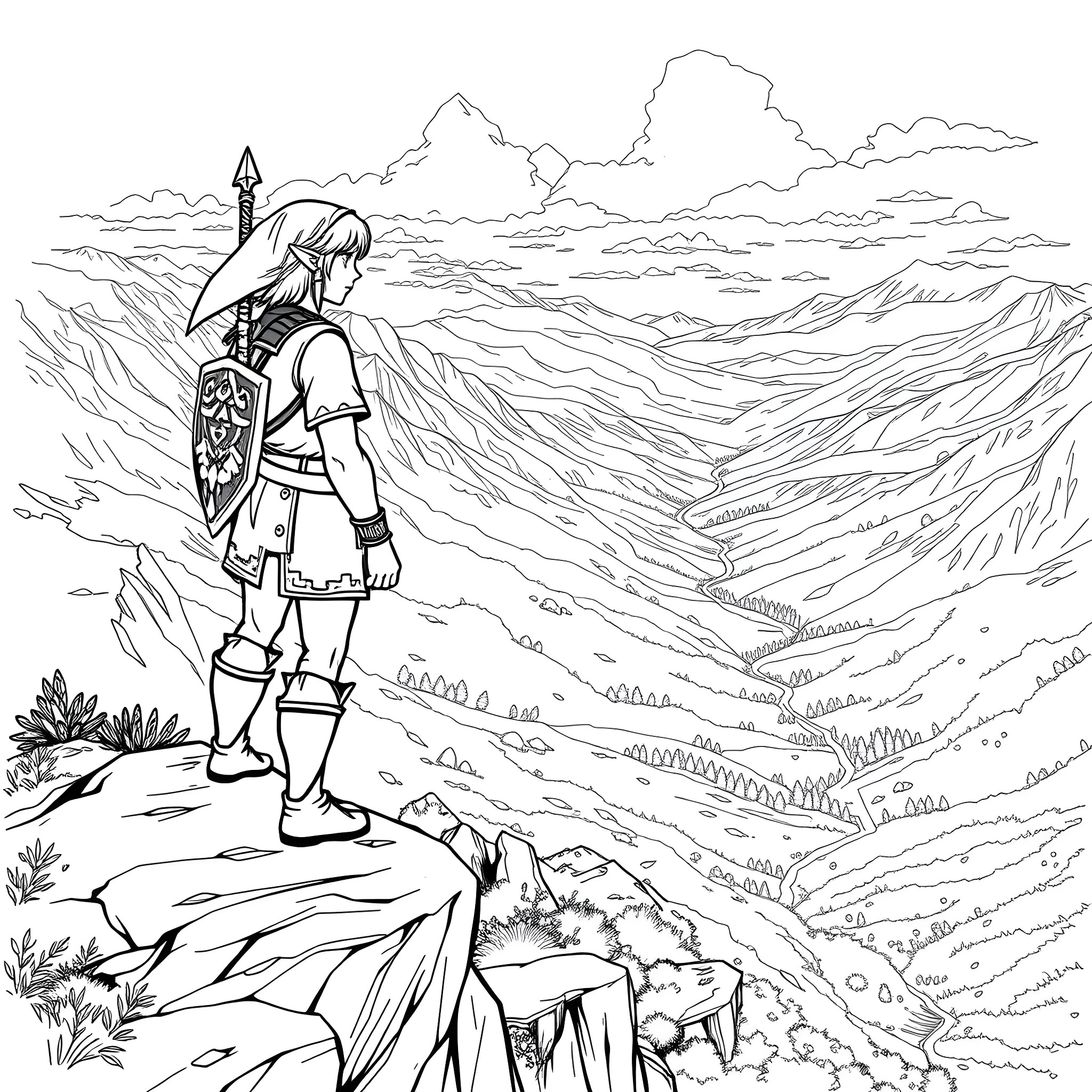 Link surveying the vast landscape Coloring Page (free black-and-white line drawing printable PDF for all, from beginners to advanced learners, including children, teens, adults, and seniors)