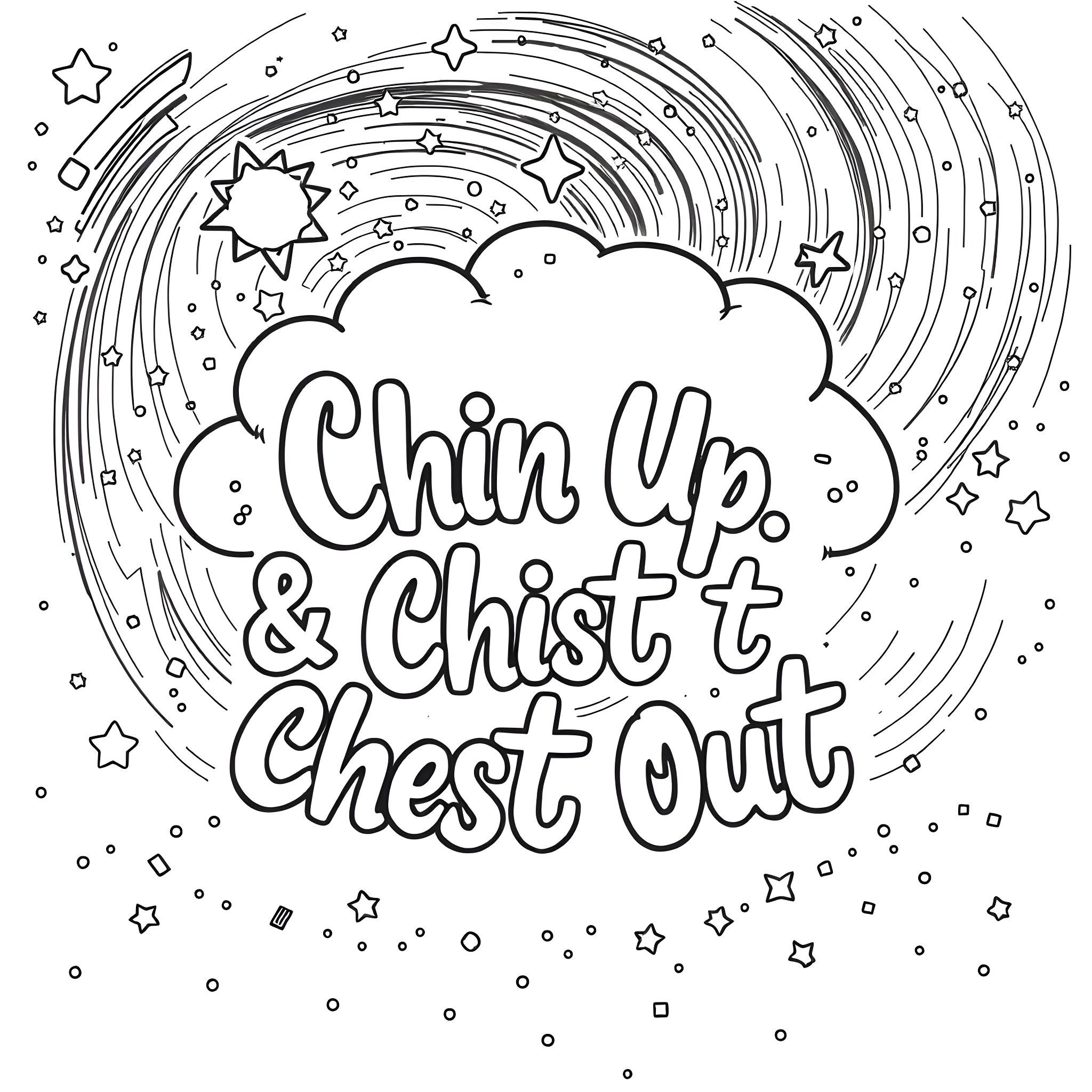 Cloud with whimsical text and starry background Coloring Page (free black-and-white line drawing printable PDF for all, from beginners to advanced learners, including children, teens, adults, and seniors)
