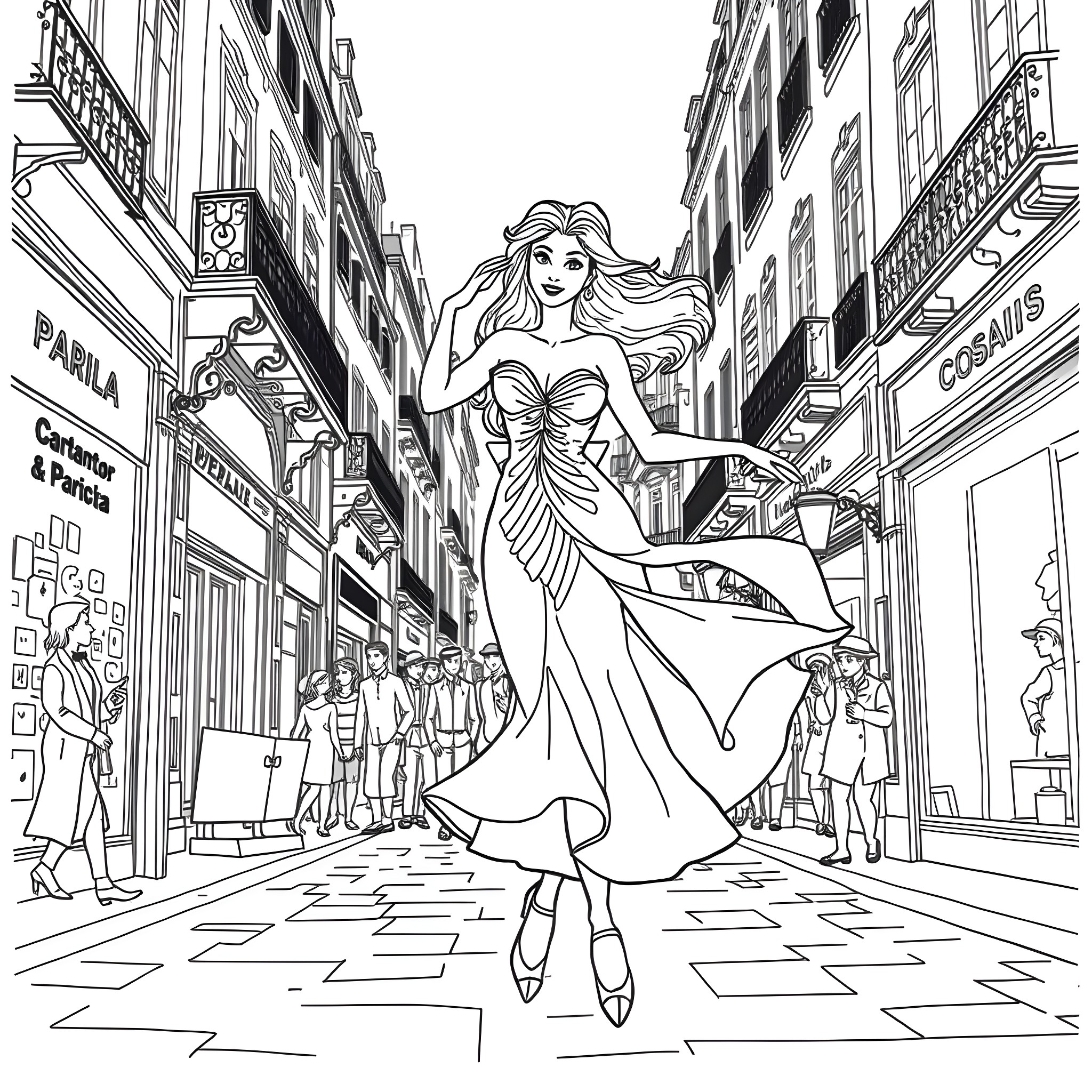 Esmeralda's Elegant Stroll through the City Streets Coloring Page (free black-and-white line drawing printable PDF for all, from beginners to advanced learners, including children, teens, adults, and seniors)