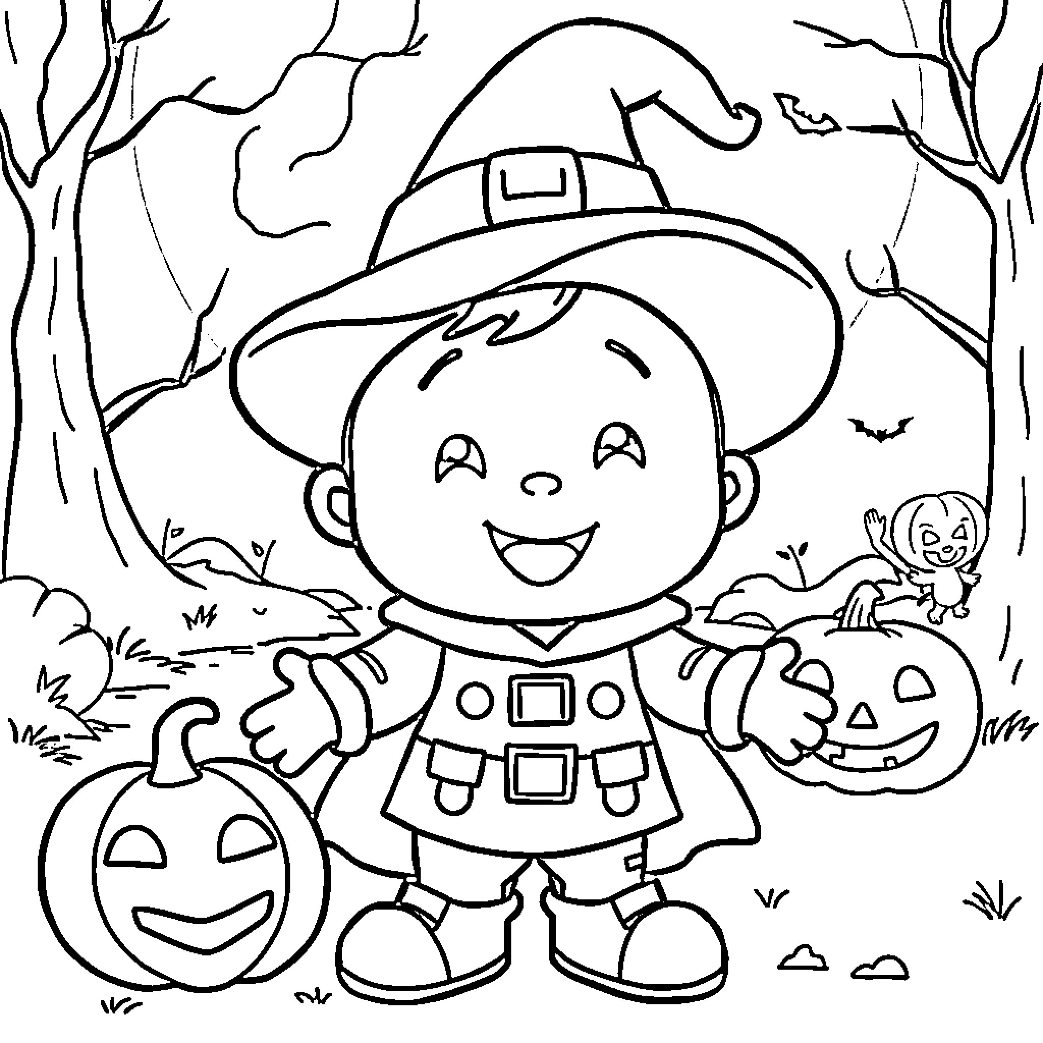Pocoyo happily exploring the spooky Halloween forest Coloring Page (free black-and-white line drawing printable PDF for all, from beginners to advanced learners, including children, teens, adults, and seniors)