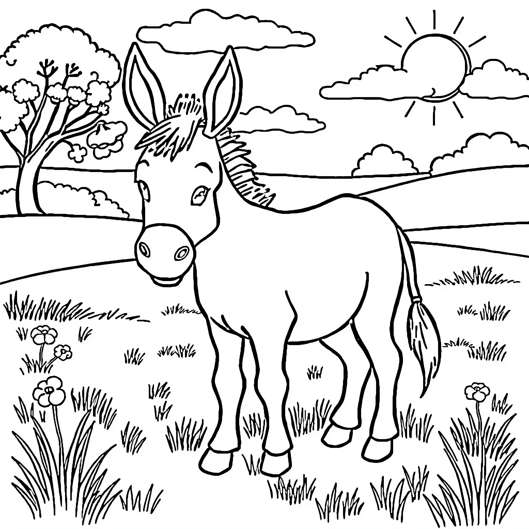Ass posing in a field of flowers Coloring Page (free black-and-white line drawing printable PDF for all, from beginners to advanced learners, including children, teens, adults, and seniors)