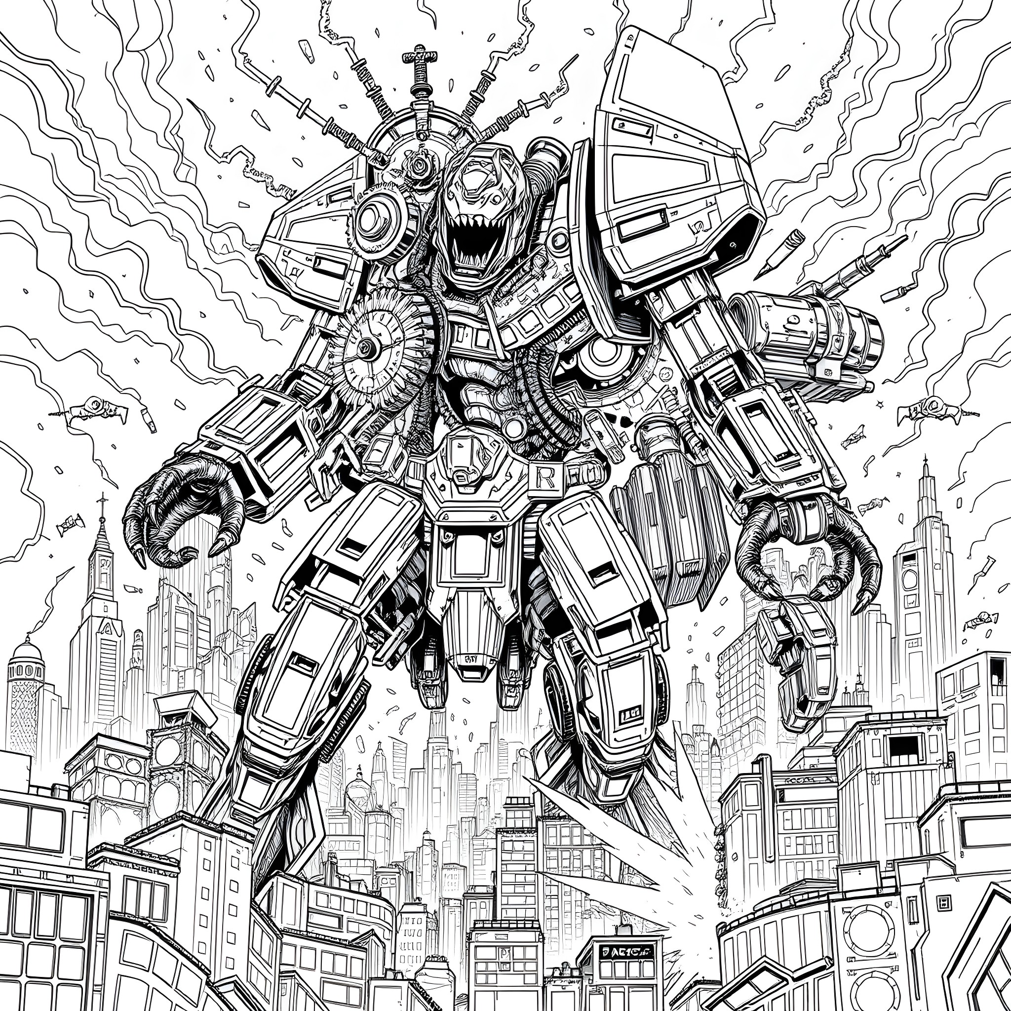 Robot Mech Warrior Rampaging Through City Coloring Page (free black-and-white line drawing printable PDF for all, from beginners to advanced learners, including children, teens, adults, and seniors)
