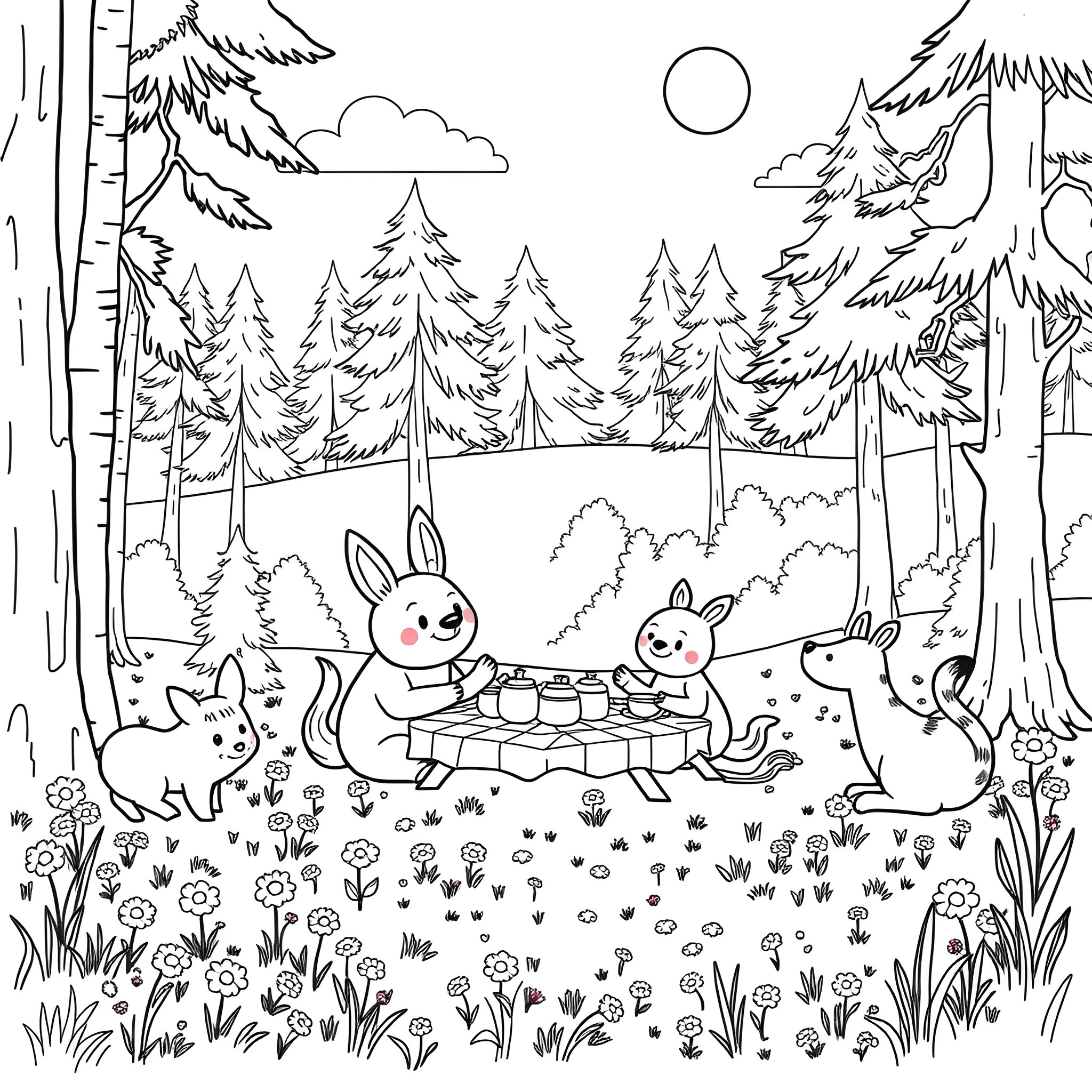 Krteček and Bunnies Enjoying a Picnic in the Woods Coloring Page (free black-and-white line drawing printable PDF for all, from beginners to advanced learners, including children, teens, adults, and seniors)