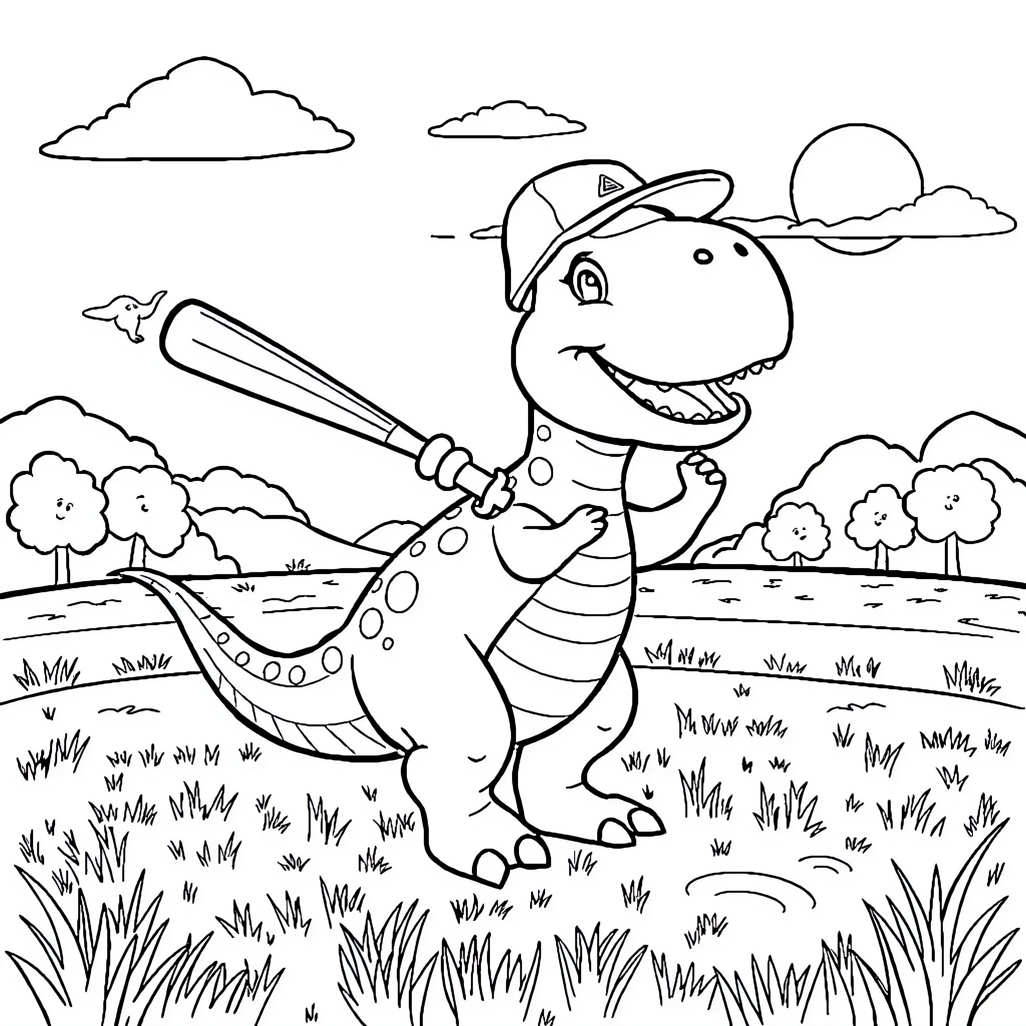 Dinosaur playing baseball in the park Coloring Page (free black-and-white line drawing printable PDF for all, from beginners to advanced learners, including children, teens, adults, and seniors)