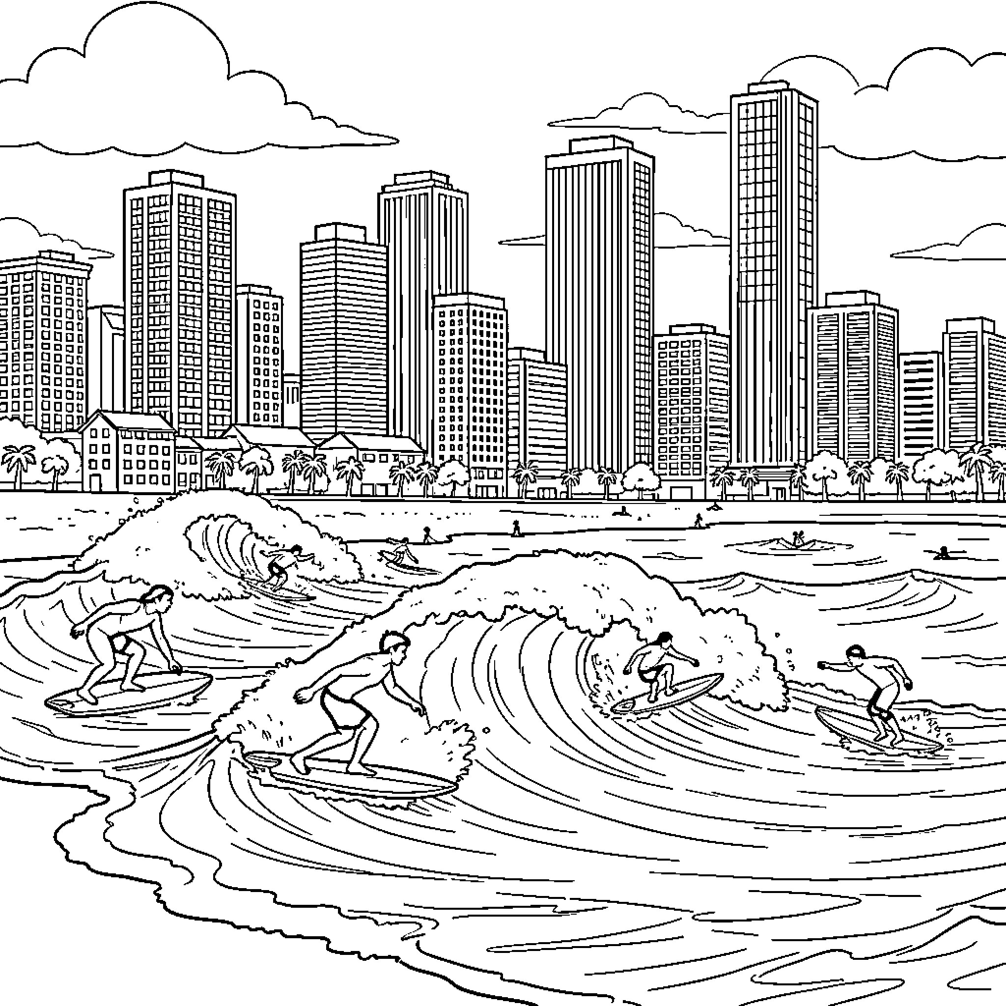 Surfing enthusiasts riding large waves near a city skyline Coloring Page (free black-and-white line drawing printable PDF for all, from beginners to advanced learners, including children, teens, adults, and seniors)
