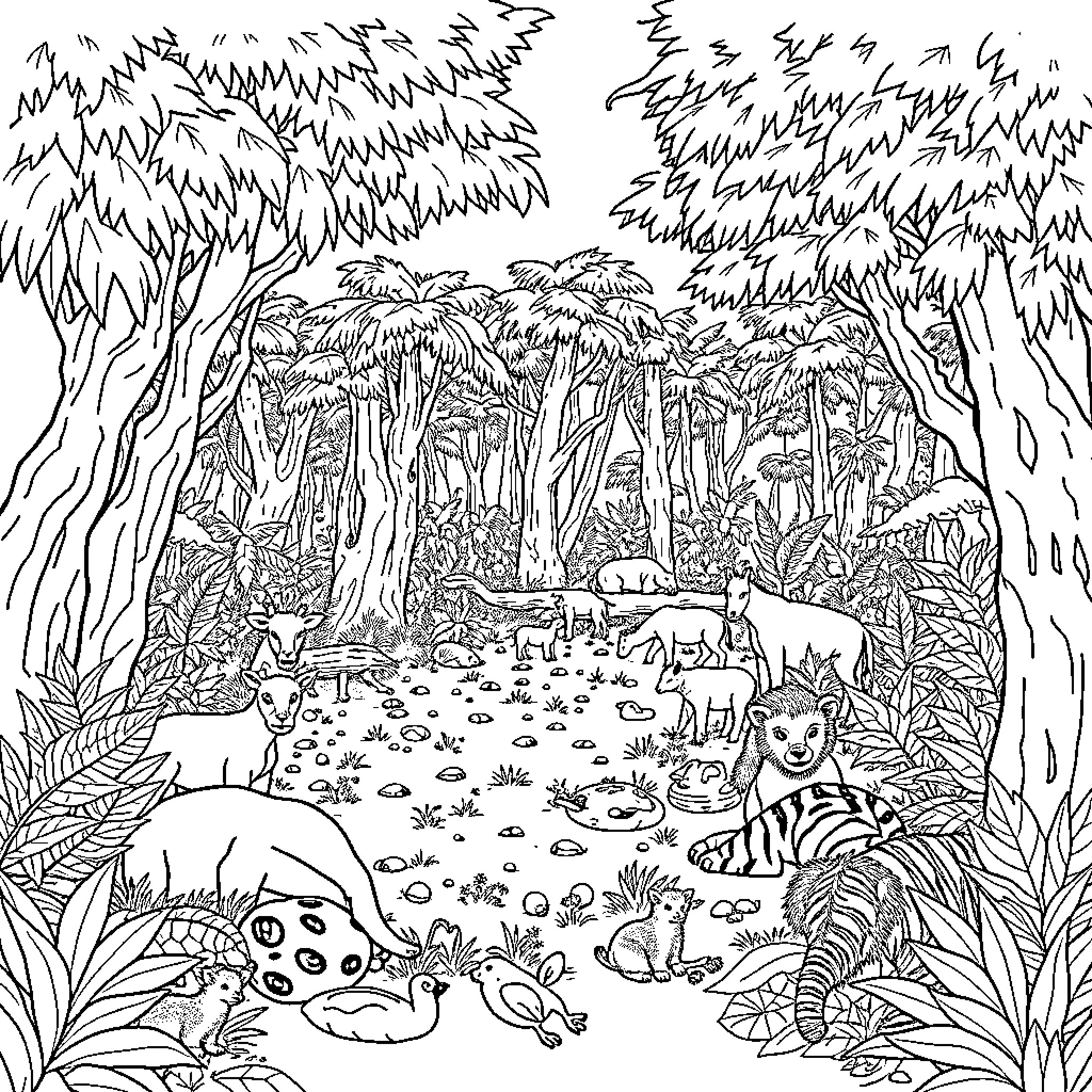 Animal forest scene with diverse wildlife Coloring Page (free black-and-white line drawing printable PDF for all, from beginners to advanced learners, including children, teens, adults, and seniors)