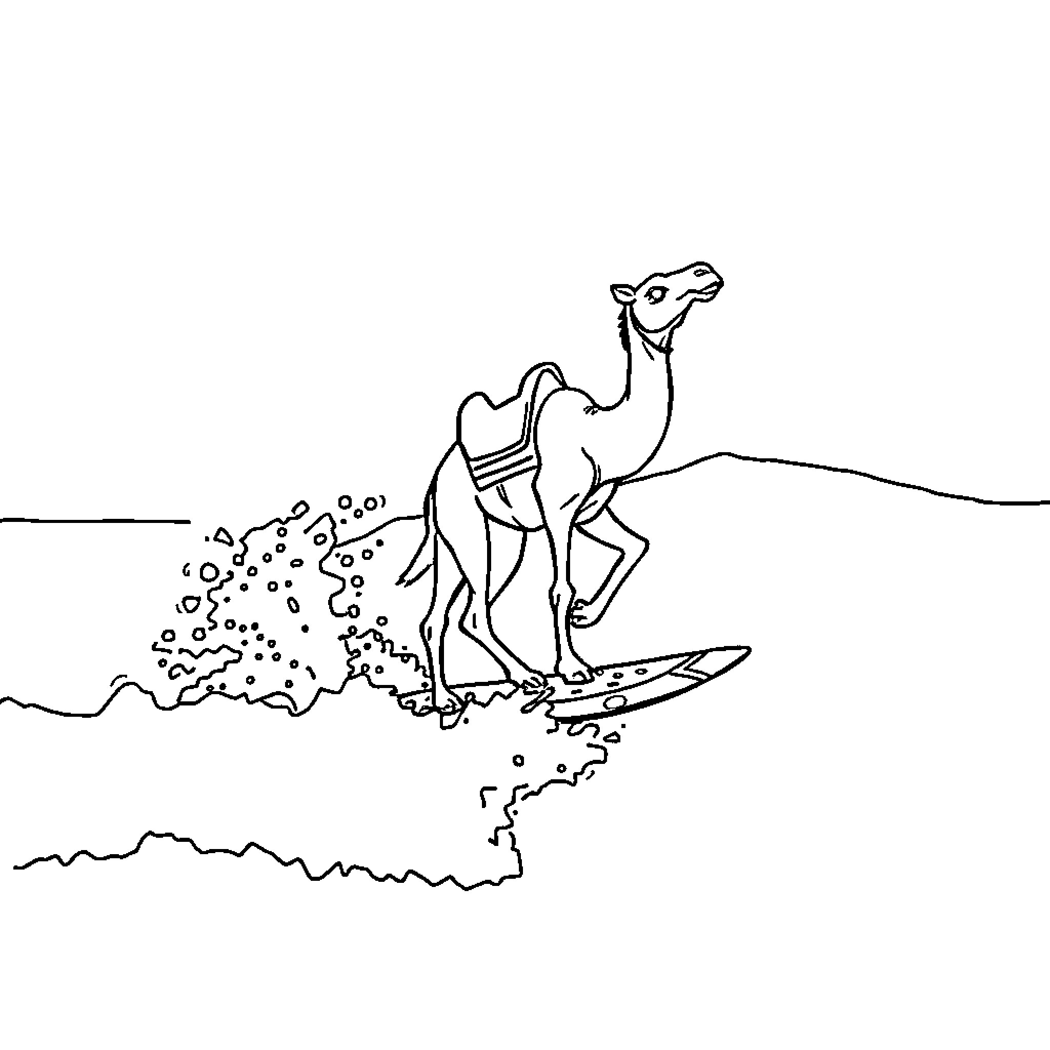 Camel surfing on the desert dunes Coloring Page (free black-and-white line drawing printable PDF for all, from beginners to advanced learners, including children, teens, adults, and seniors)