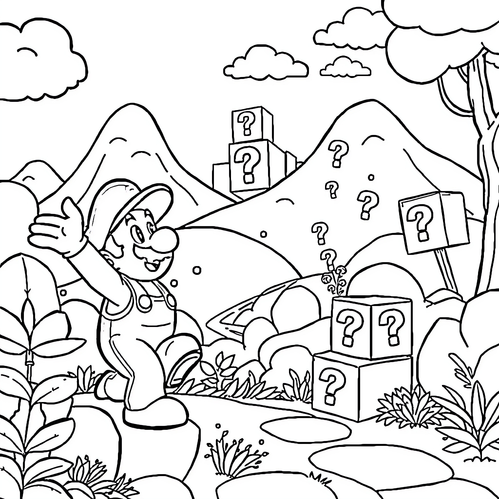 Boy exploring a mysterious landscape with question marks Coloring Page (free black-and-white line drawing printable PDF for all, from beginners to advanced learners, including children, teens, adults, and seniors)