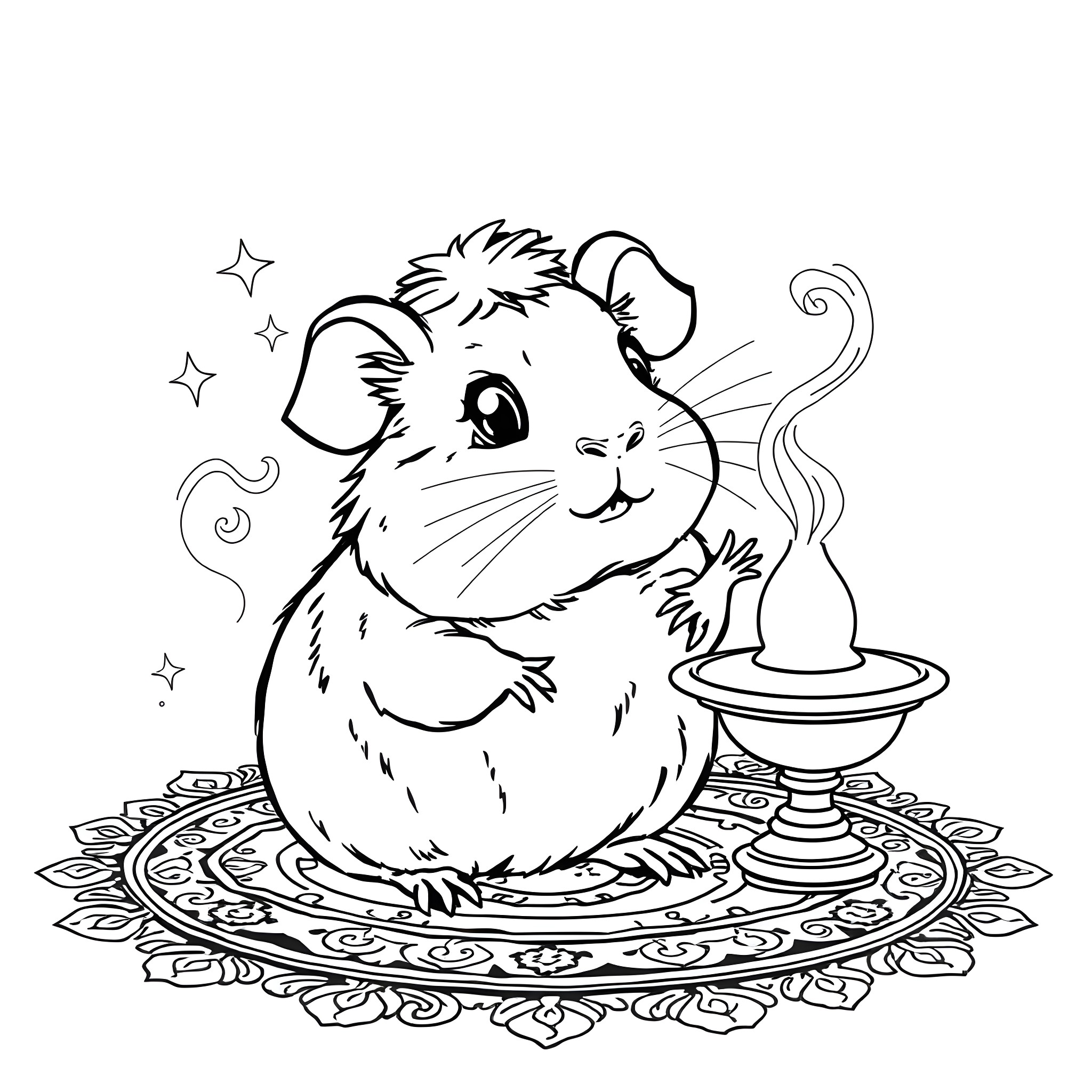 Guinea Pig with Fancy Collar Enjoying Incense Coloring Page (free black-and-white line drawing printable PDF for all, from beginners to advanced learners, including children, teens, adults, and seniors)