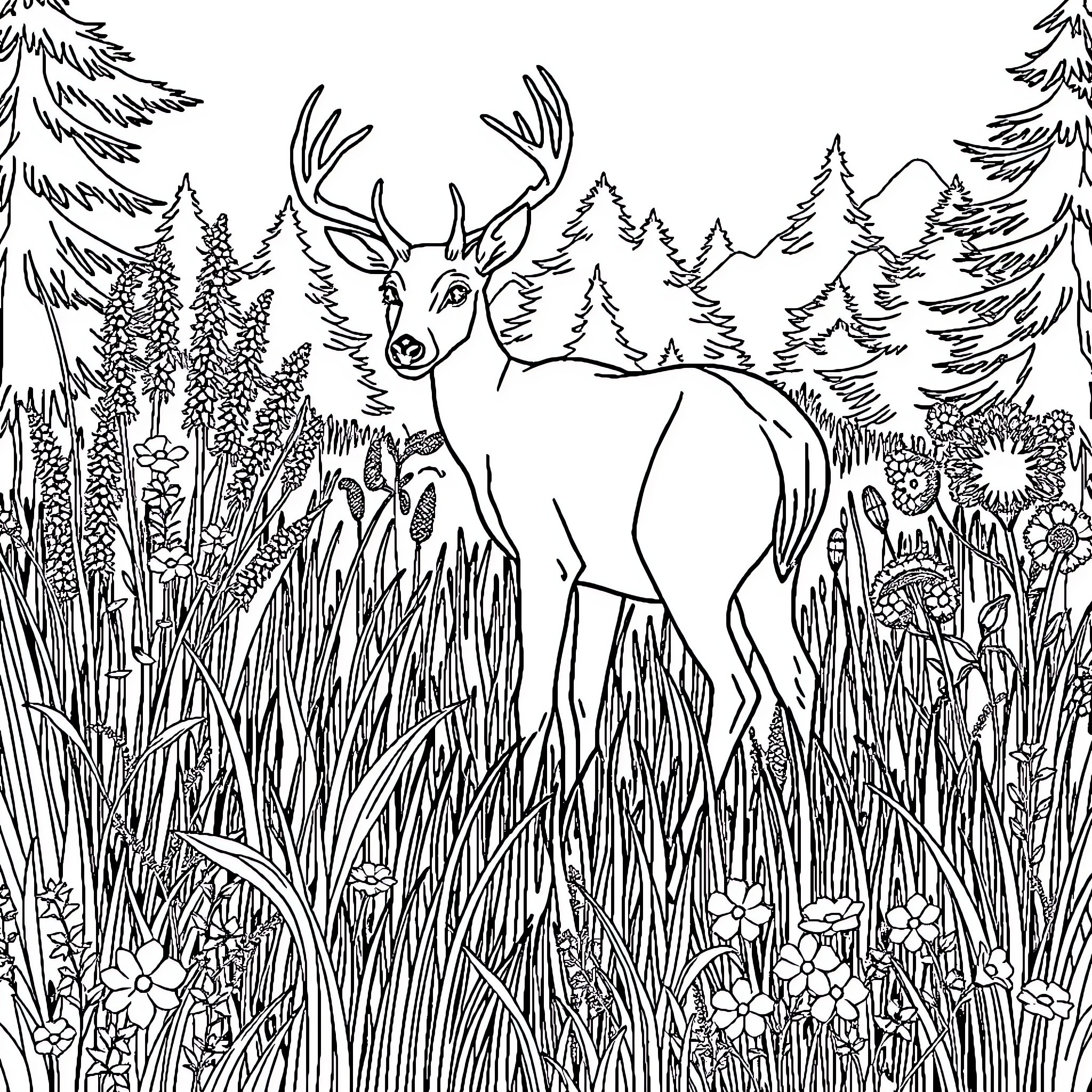 Deer standing amidst nature's beauty Coloring Page (free black-and-white line drawing printable PDF for all, from beginners to advanced learners, including children, teens, adults, and seniors)