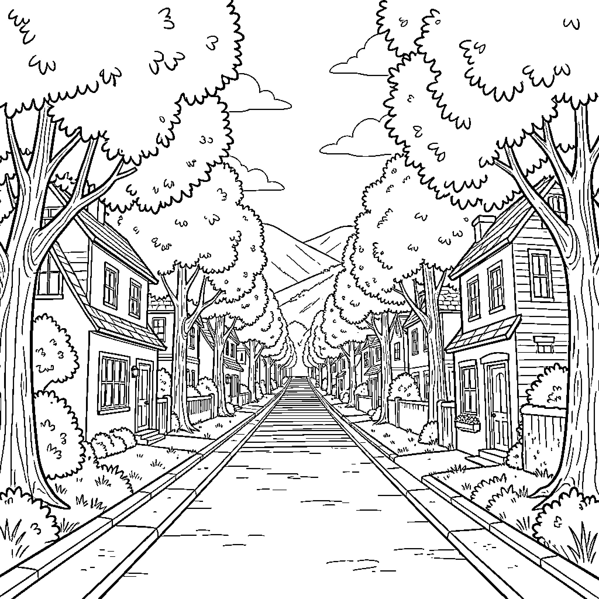 Street scene of quaint village houses Coloring Page (free black-and-white line drawing printable PDF for all, from beginners to advanced learners, including children, teens, adults, and seniors)