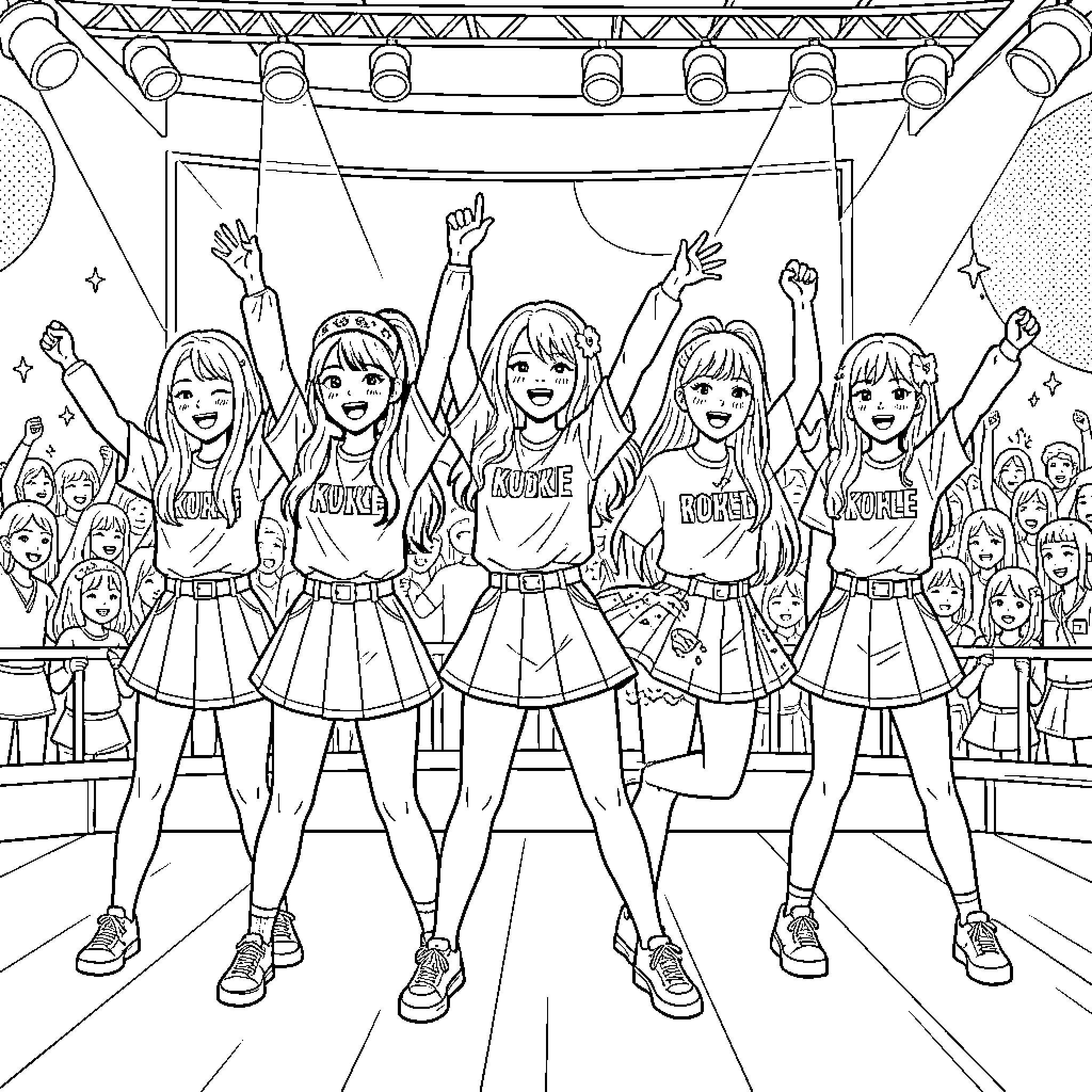 K Pop Performers Dancing Enthusiastically on Stage Coloring Page (free black-and-white line drawing printable PDF for all, from beginners to advanced learners, including children, teens, adults, and seniors)