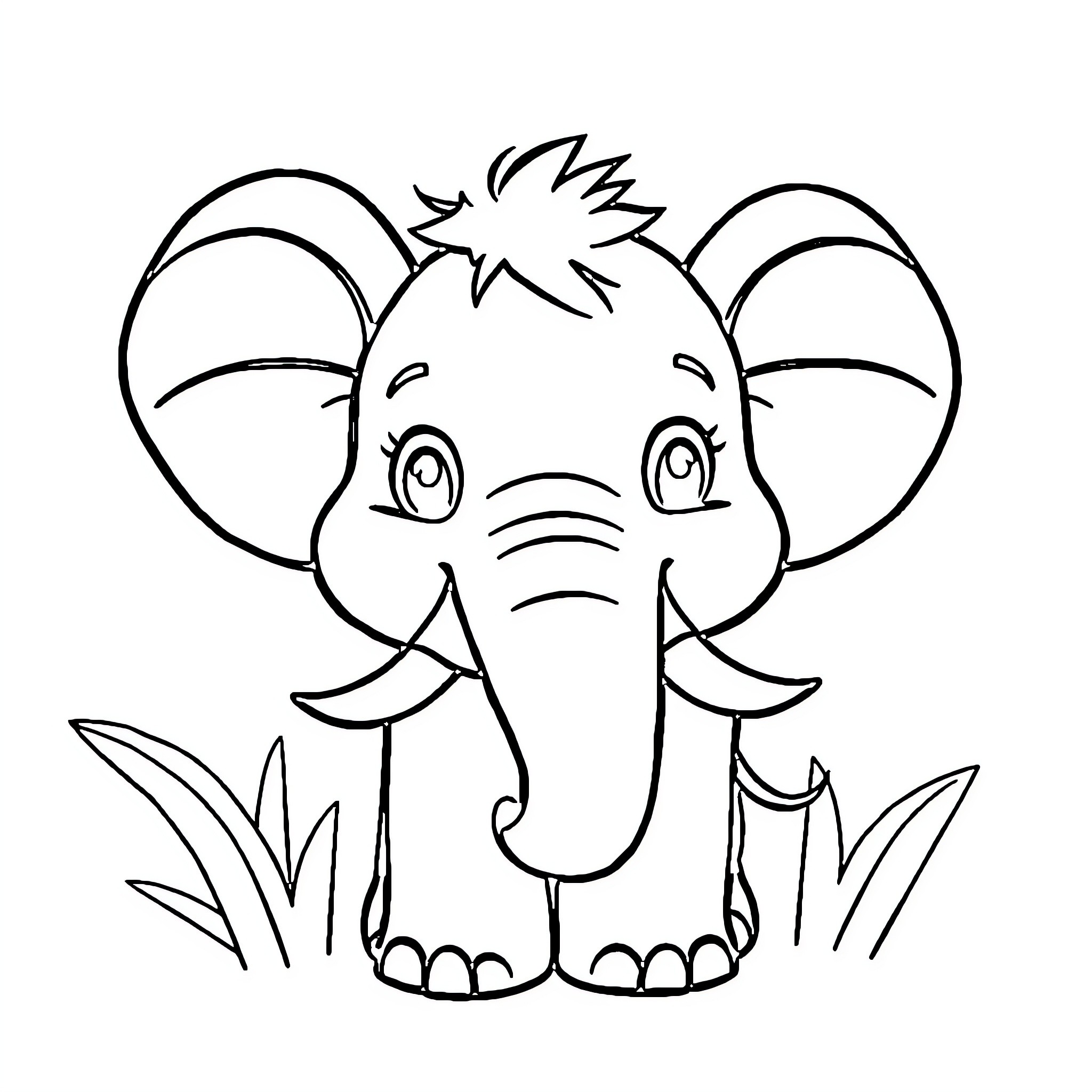Elephant sitting happily in the grass Coloring Page (free black-and-white line drawing printable PDF for all, from beginners to advanced learners, including children, teens, adults, and seniors)