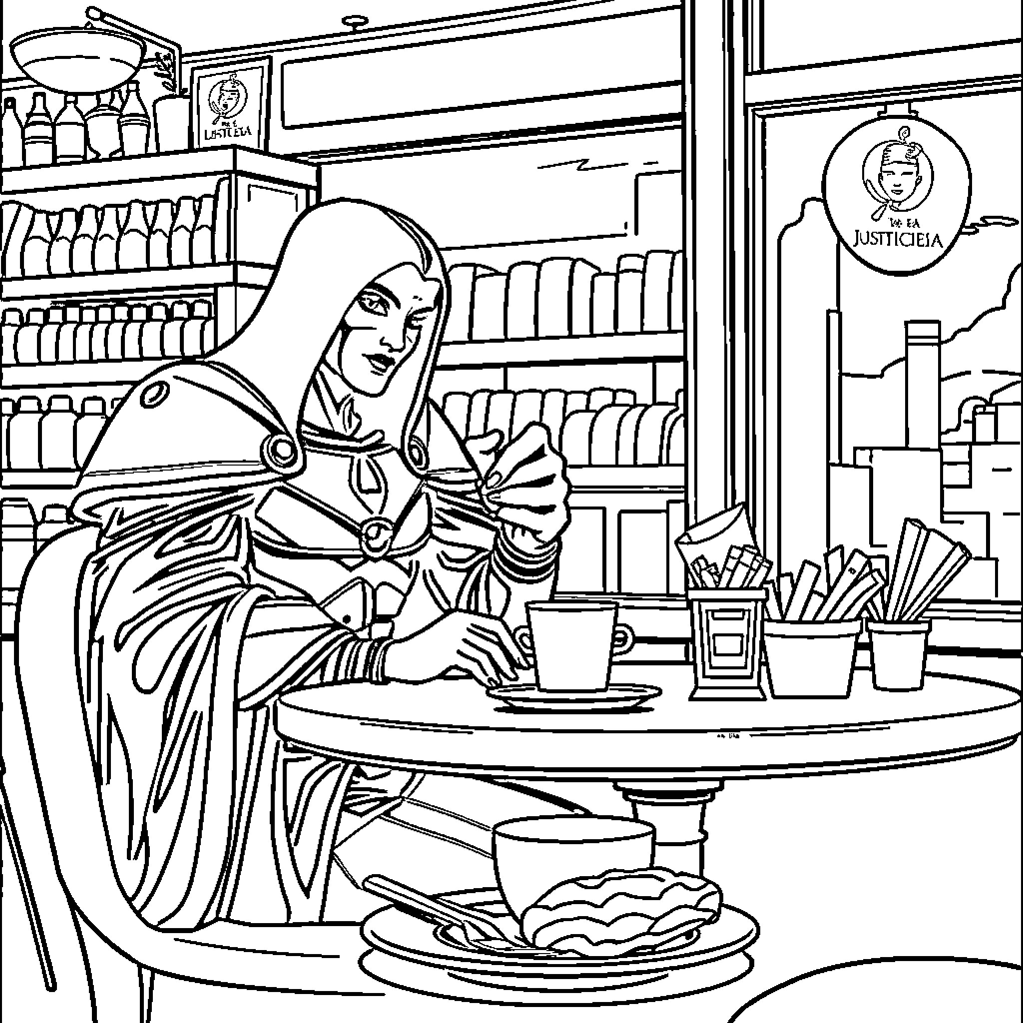 Justice League Members Enjoying a Peaceful Break Coloring Page (free black-and-white line drawing printable PDF for all, from beginners to advanced learners, including children, teens, adults, and seniors)