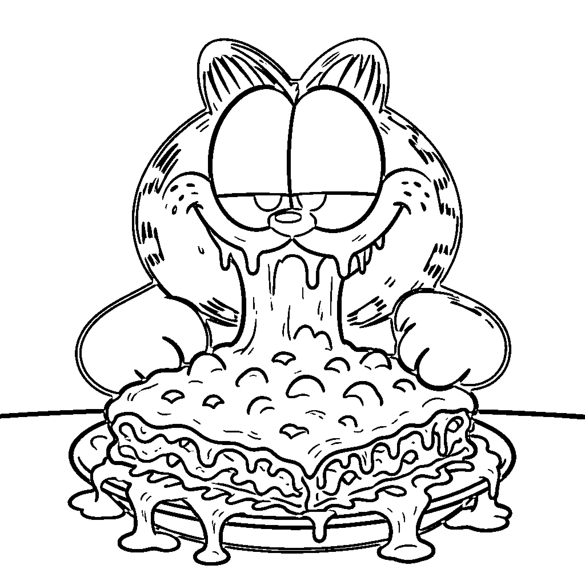 Garfield Enjoying a Delicious Lasagna Meal Coloring Page (free black-and-white line drawing printable PDF for all, from beginners to advanced learners, including children, teens, adults, and seniors)