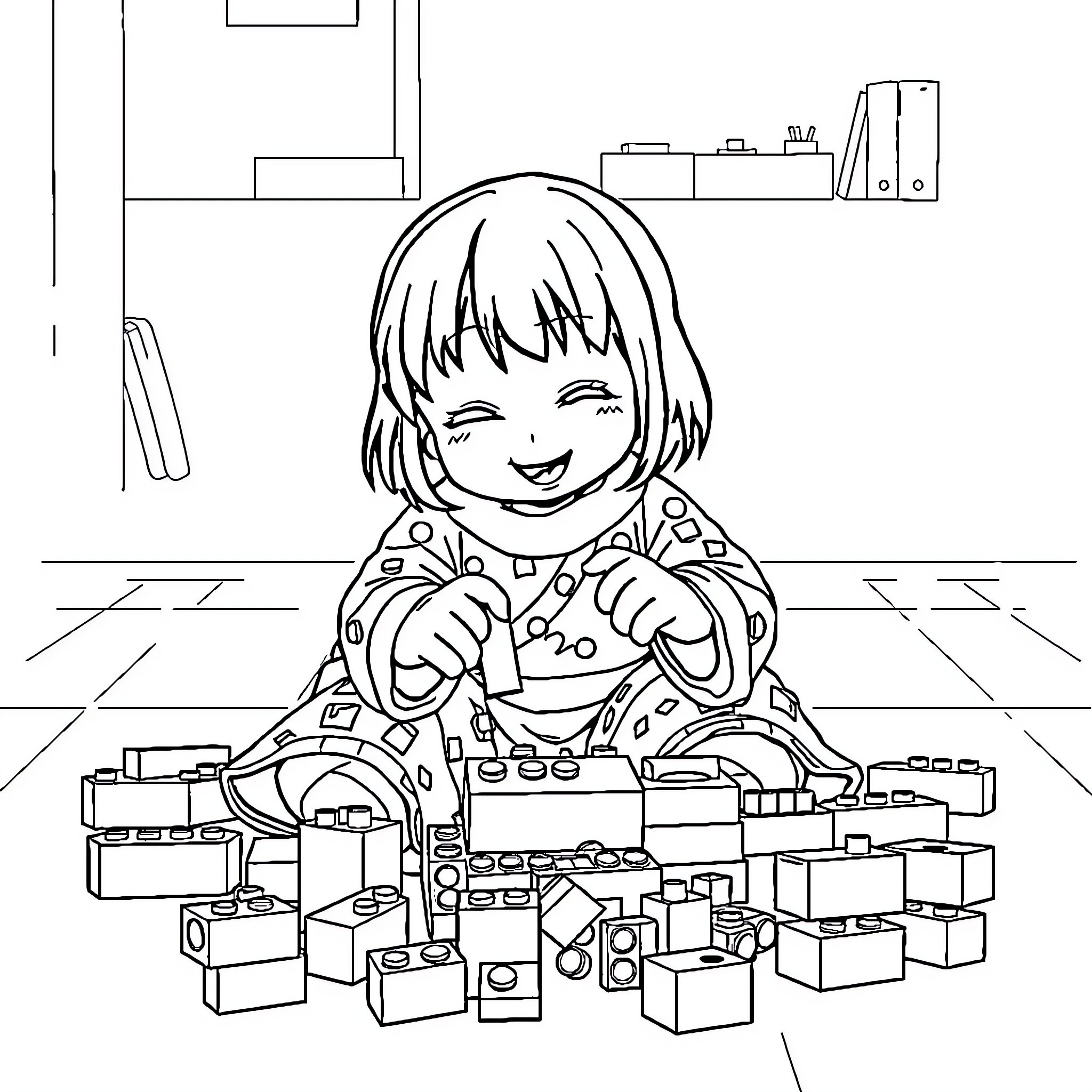 Nezuko playing joyfully with building blocks Coloring Page (free black-and-white line drawing printable PDF for all, from beginners to advanced learners, including children, teens, adults, and seniors)