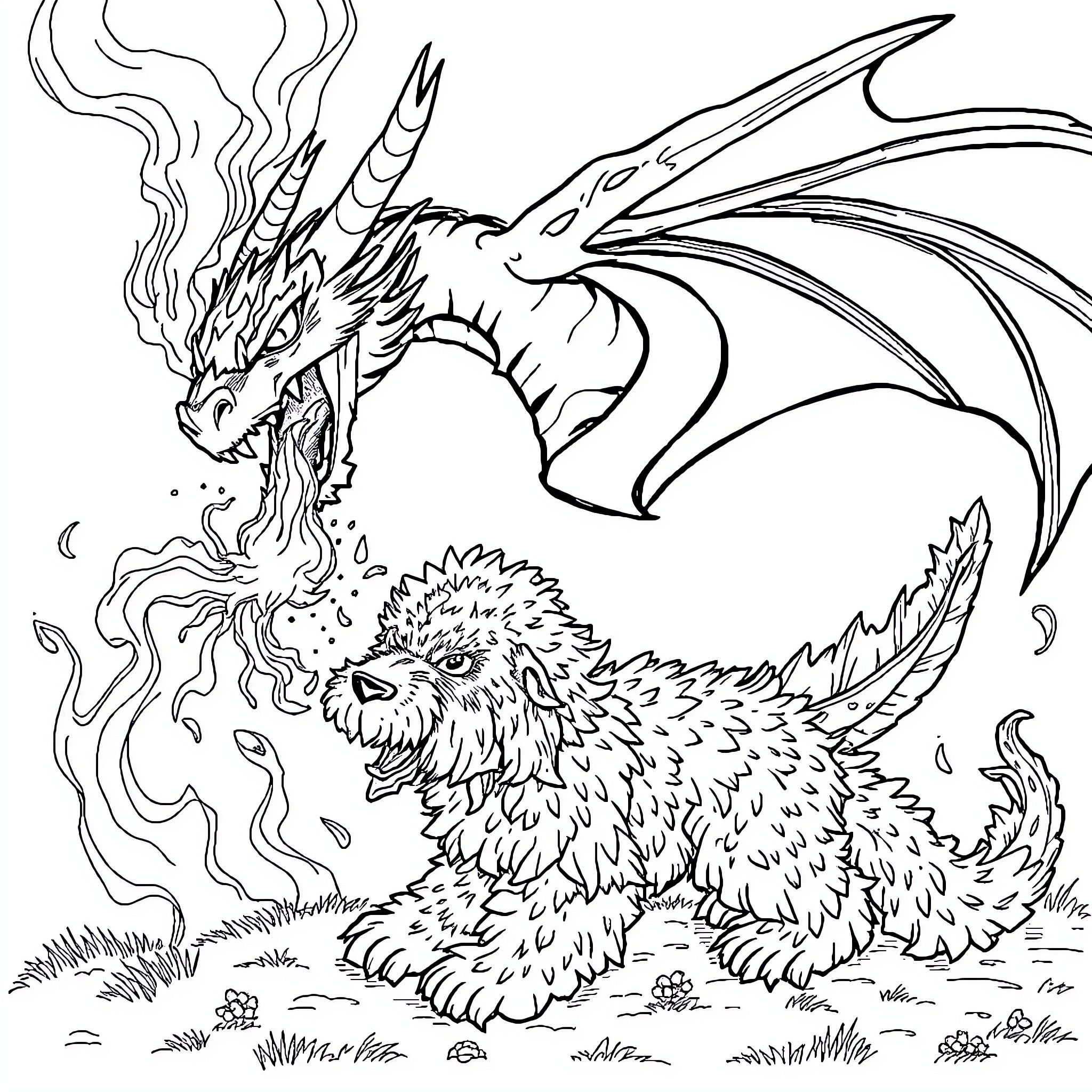 Dragon snarling at furry creature in the wild Coloring Page (free black-and-white line drawing printable PDF for all, from beginners to advanced learners, including children, teens, adults, and seniors)