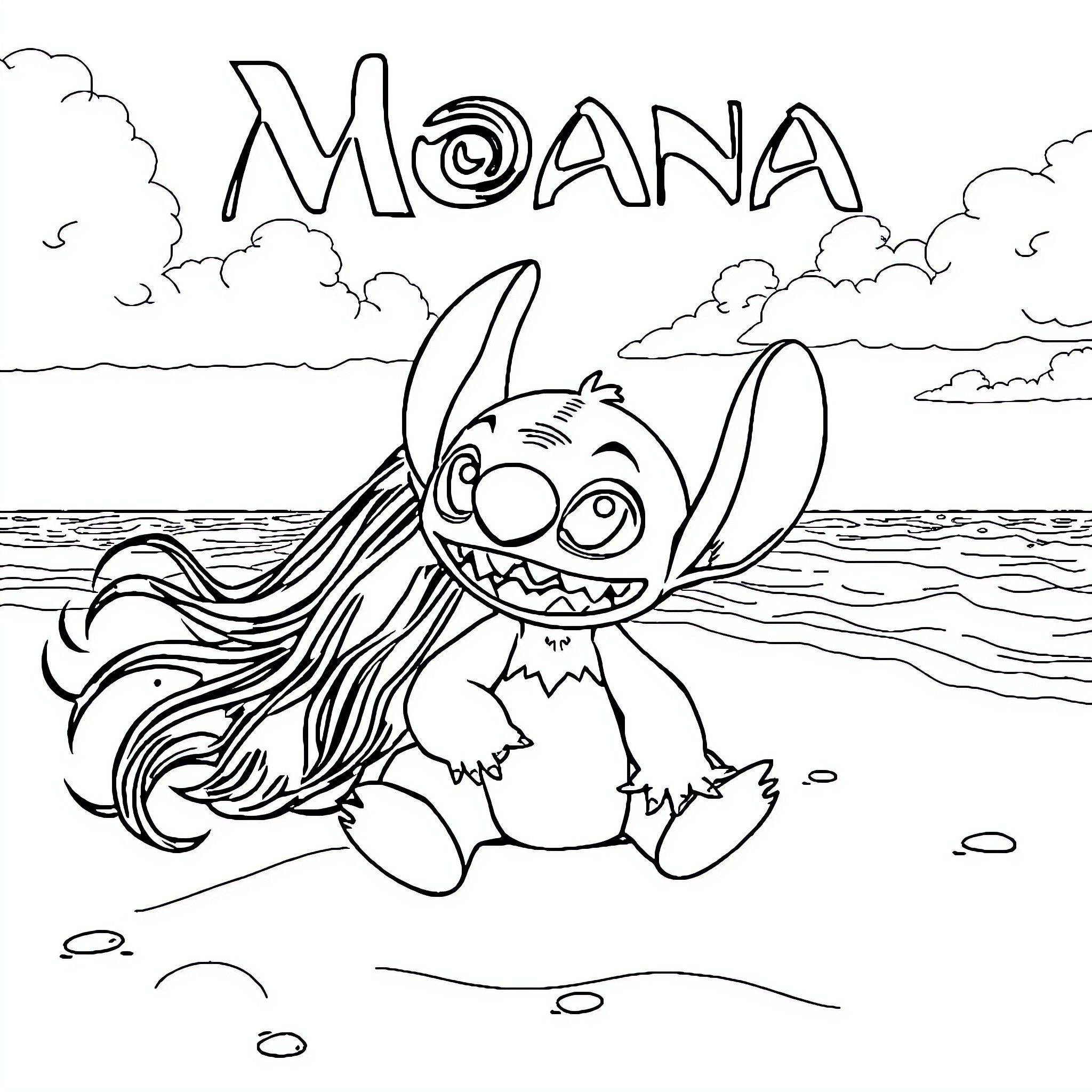 Moana character playing happily on the beach Coloring Page (free black-and-white line drawing printable PDF for all, from beginners to advanced learners, including children, teens, adults, and seniors)