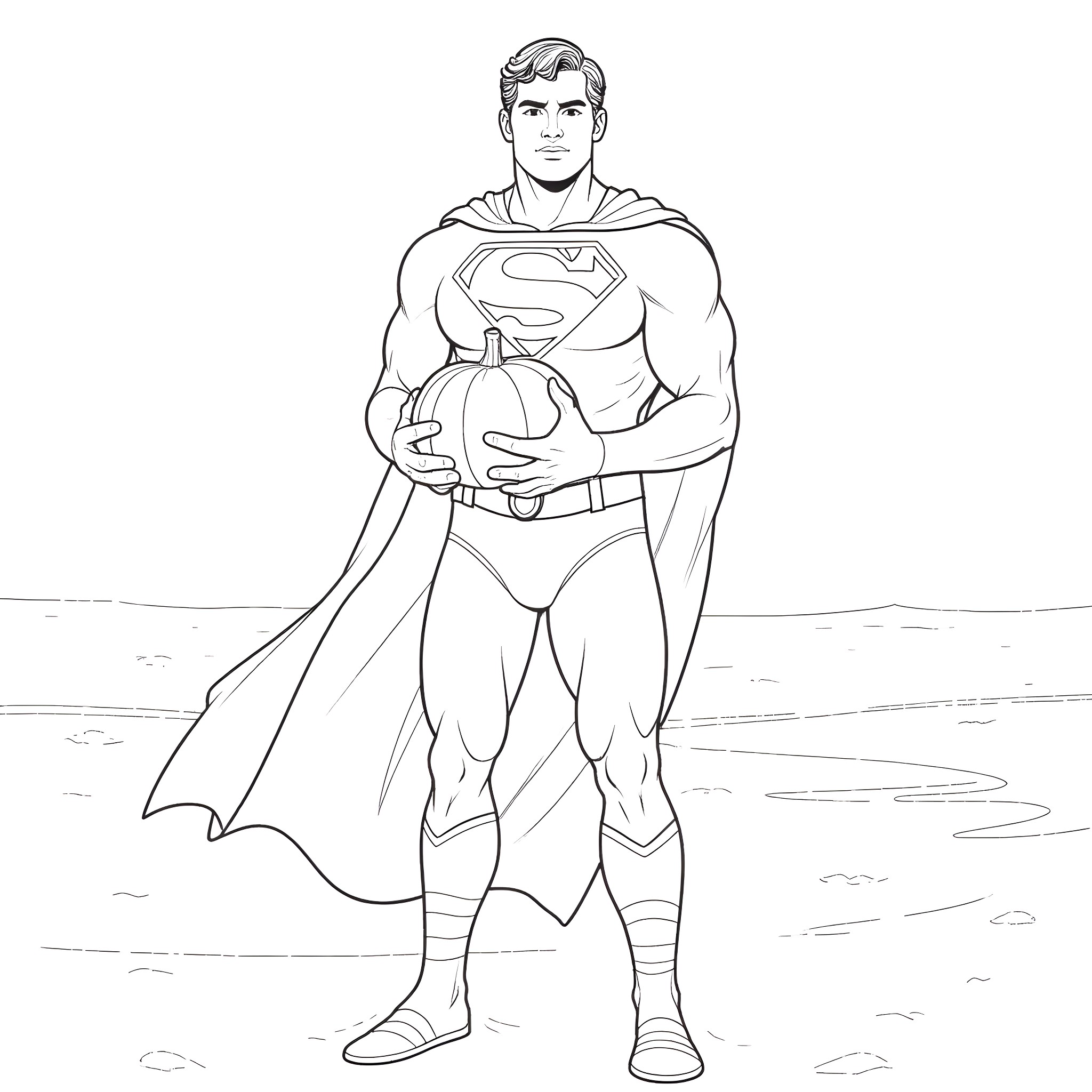 Superman standing tall in heroic pose Coloring Page (free black-and-white line drawing printable PDF for all, from beginners to advanced learners, including children, teens, adults, and seniors)