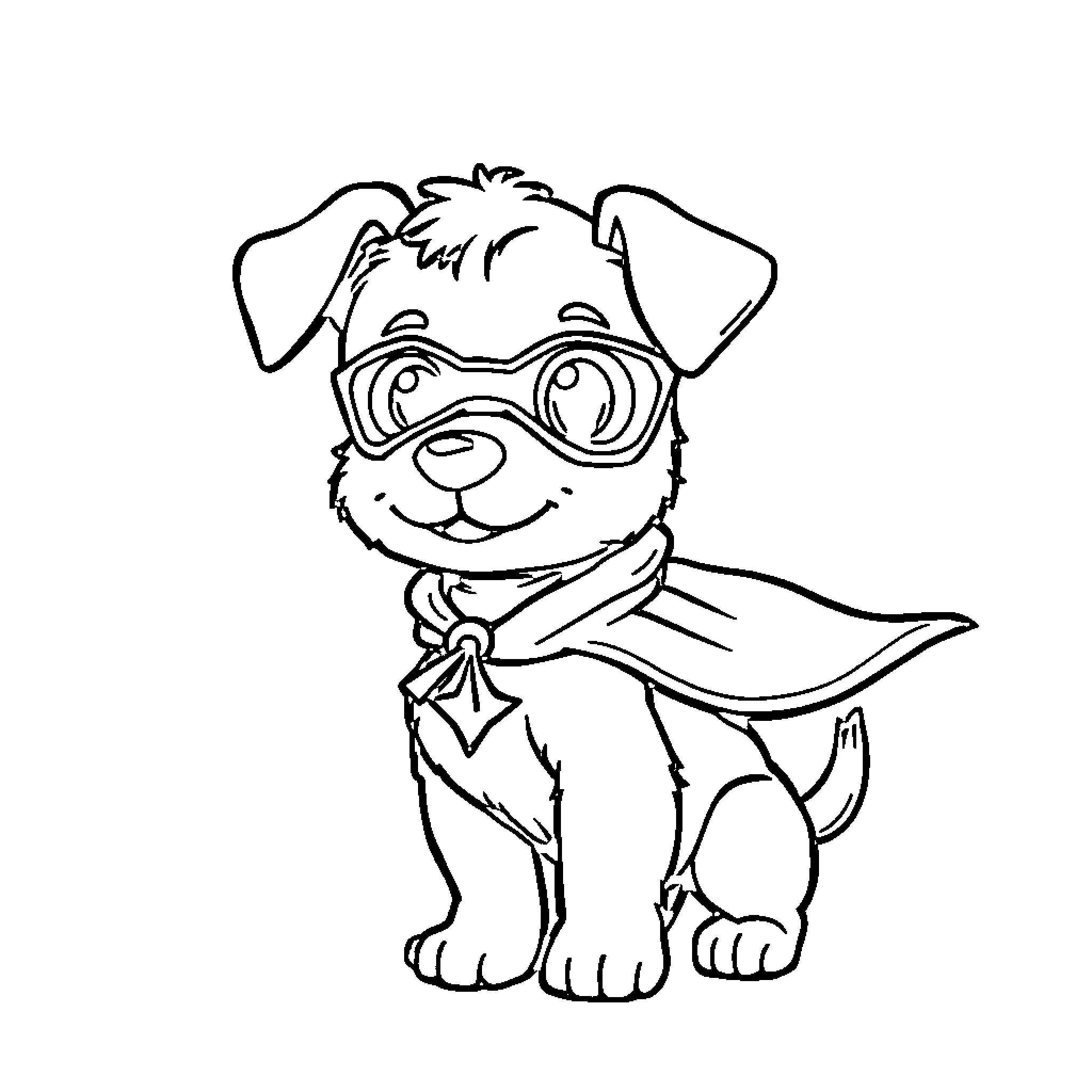 Superhero Puppy Wearing Goggles and Cape Coloring Page (free black-and-white line drawing printable PDF for all, from beginners to advanced learners, including children, teens, adults, and seniors)