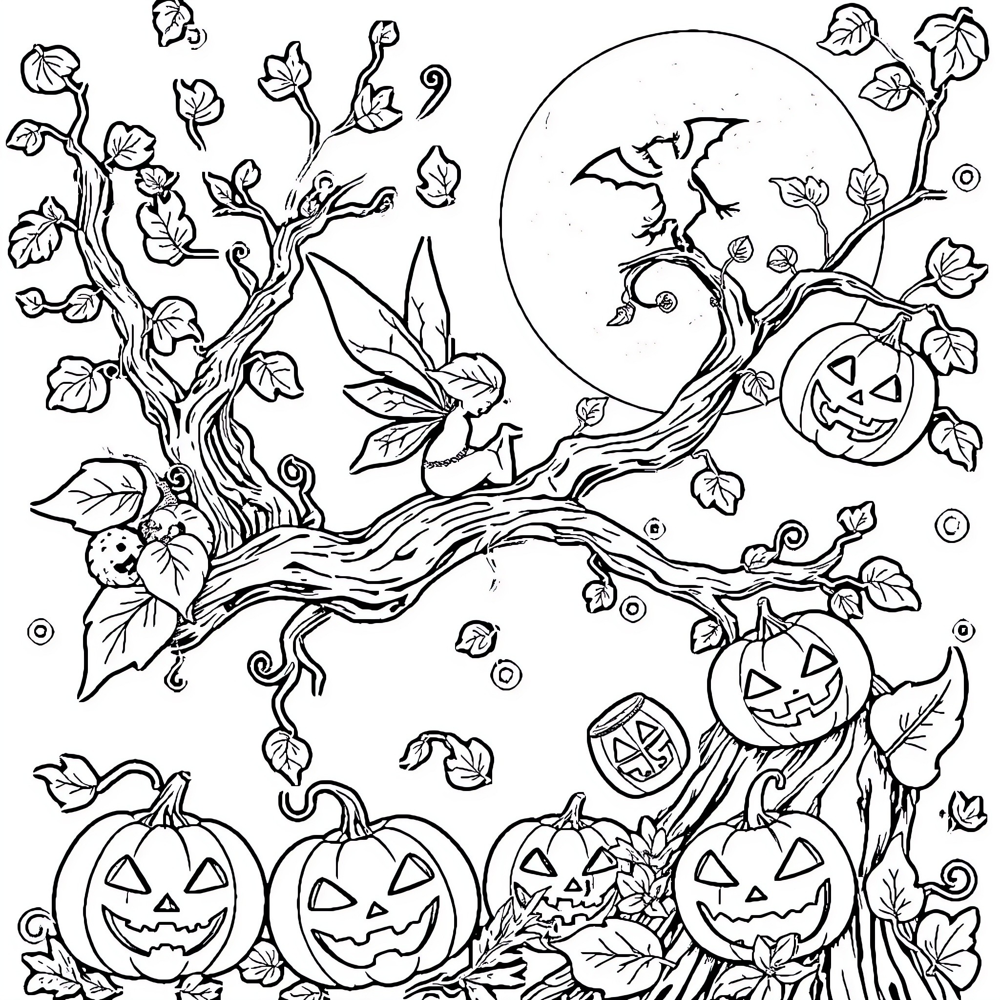 Fairy scene with pumpkins, bats, and enchanted plants Coloring Page (free black-and-white line drawing printable PDF for all, from beginners to advanced learners, including children, teens, adults, and seniors)