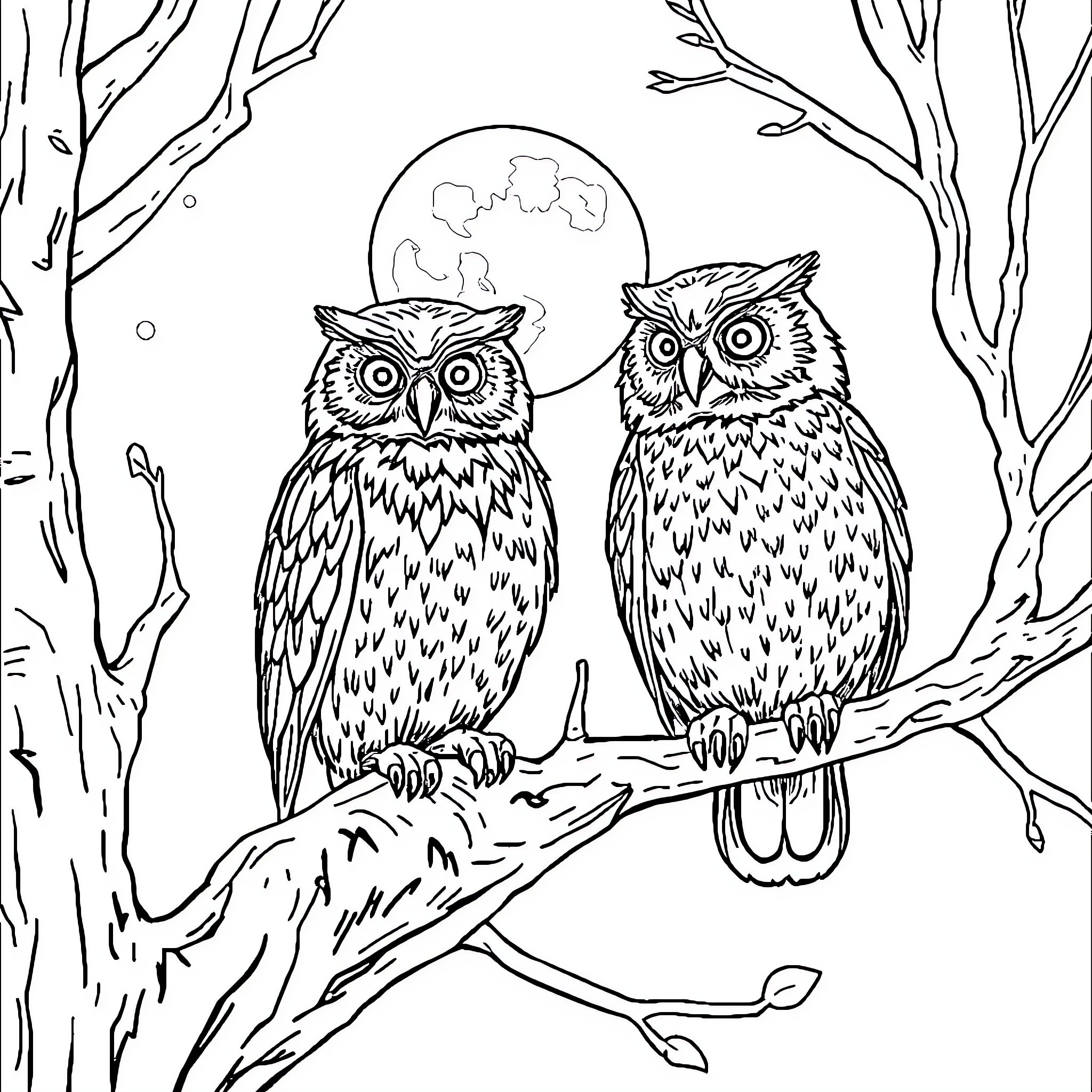 Owl pair perched on a tree branch under the moonlight Coloring Page (free black-and-white line drawing printable PDF for all, from beginners to advanced learners, including children, teens, adults, and seniors)
