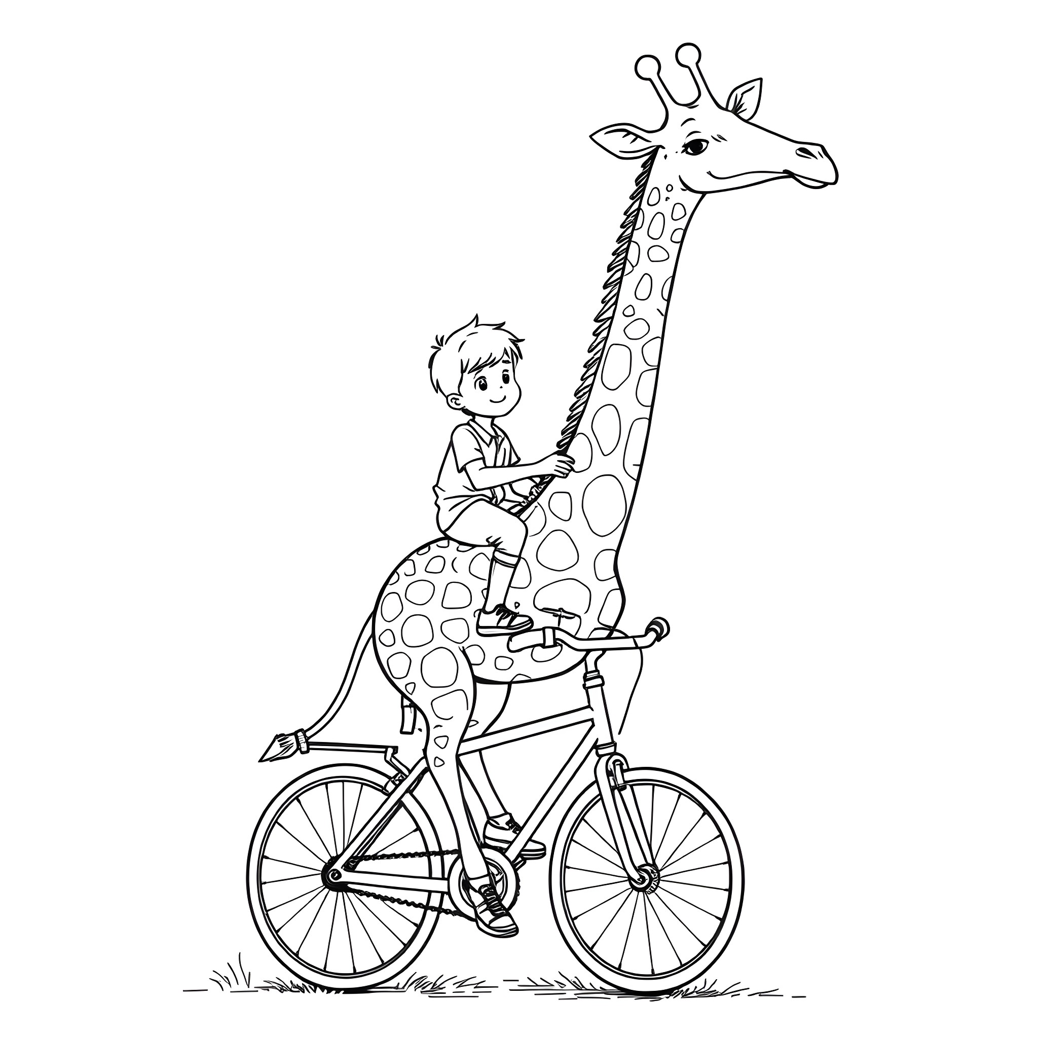 Boy riding a bicycle with a giraffe Coloring Page (free black-and-white line drawing printable PDF for all, from beginners to advanced learners, including children, teens, adults, and seniors)