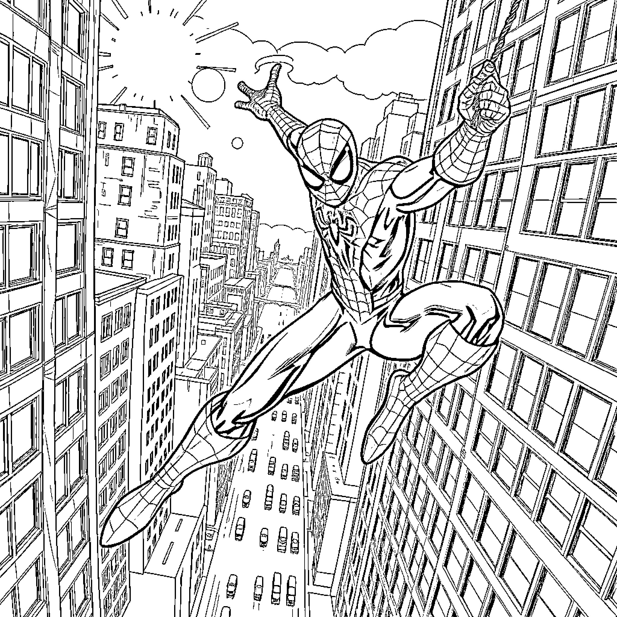 Spiderman swinging through the city skyline Coloring Page (free black-and-white line drawing printable PDF for all, from beginners to advanced learners, including children, teens, adults, and seniors)