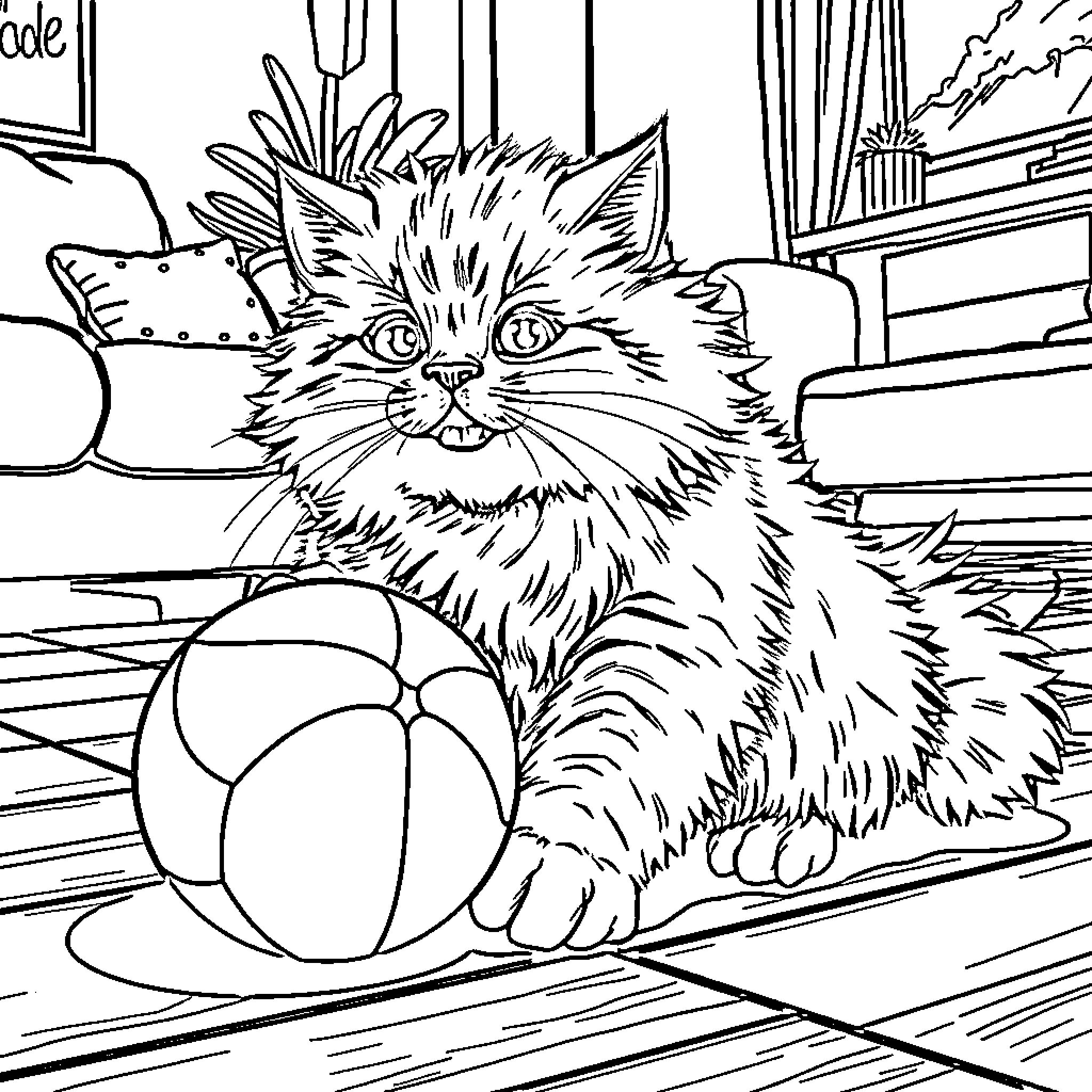 Cat with Fluffy Fur and Ball Toy in Room Coloring Page (free black-and-white line drawing printable PDF for all, from beginners to advanced learners, including children, teens, adults, and seniors)
