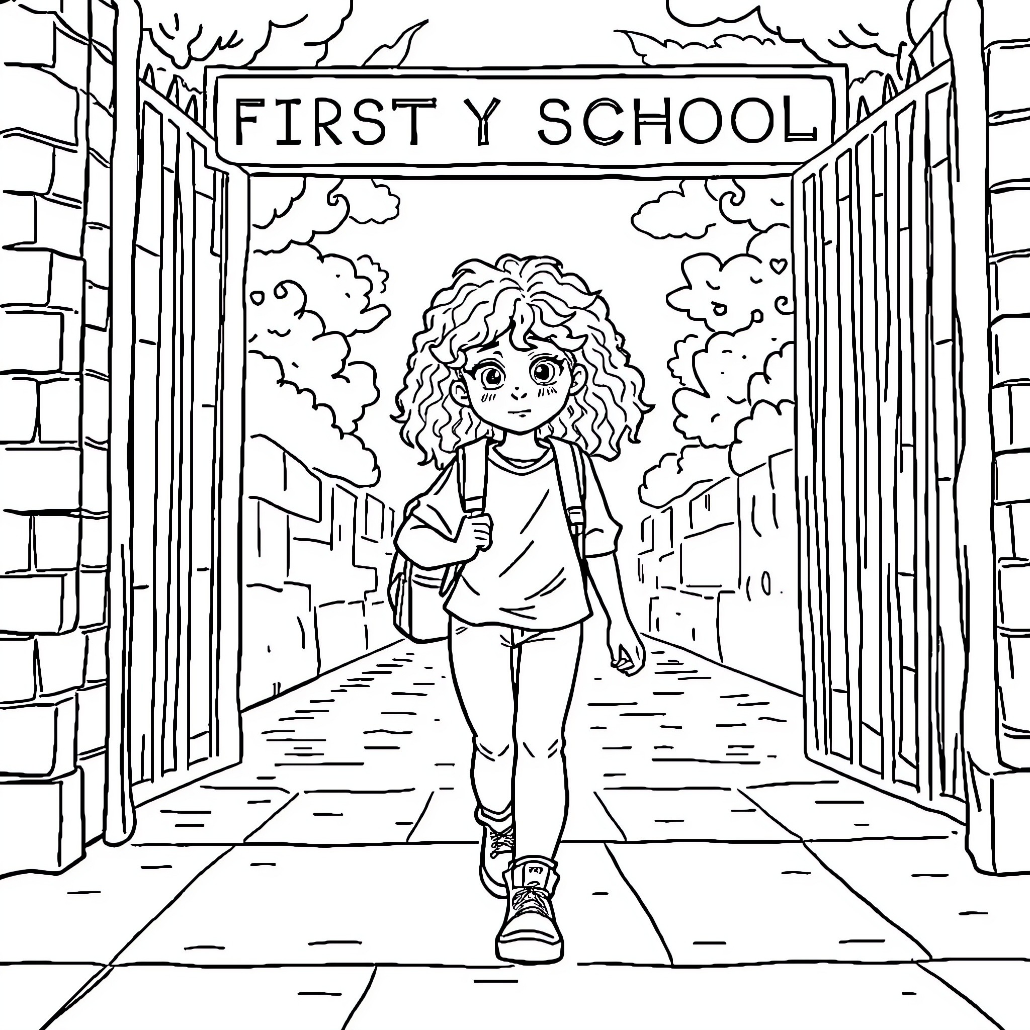 Teen girl walks to first day of school Coloring Page (free black-and-white line drawing printable PDF for all, from beginners to advanced learners, including children, teens, adults, and seniors)