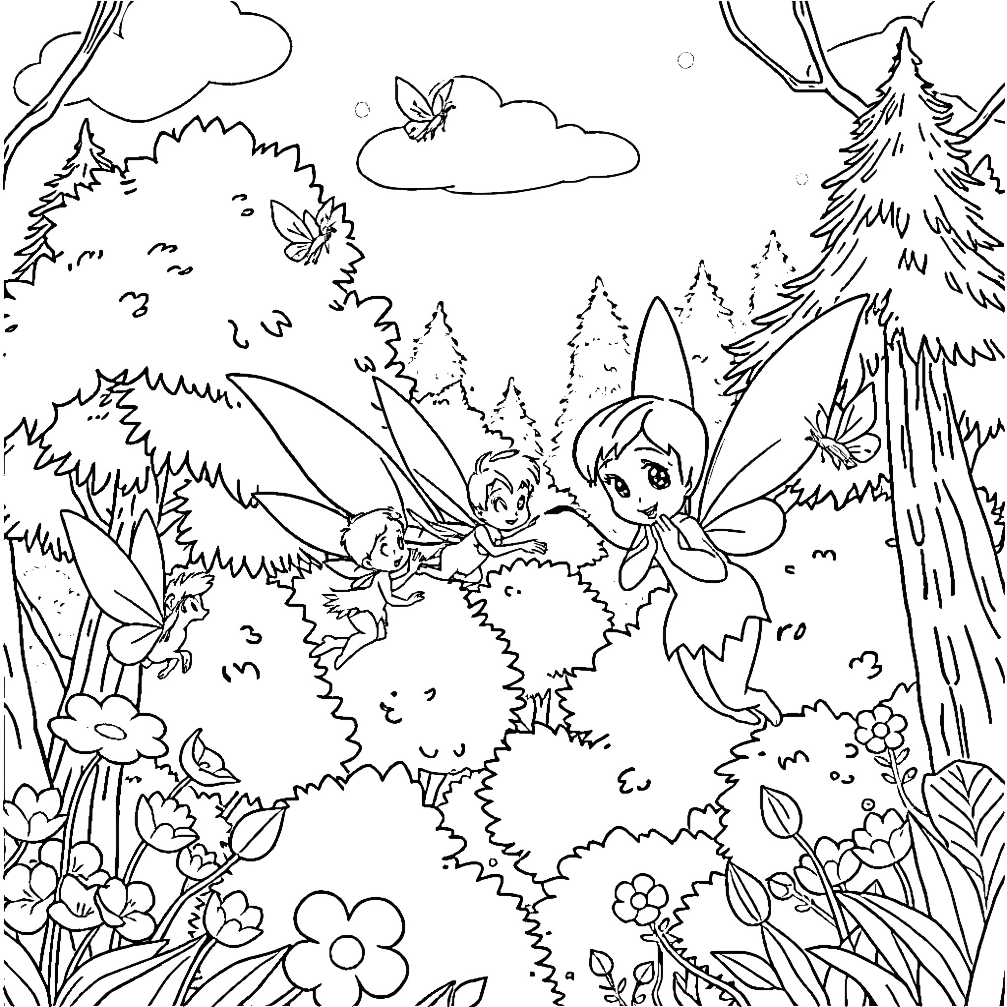 Tinkerbell and friends exploring the enchanted forest Coloring Page (free black-and-white line drawing printable PDF for all, from beginners to advanced learners, including children, teens, adults, and seniors)