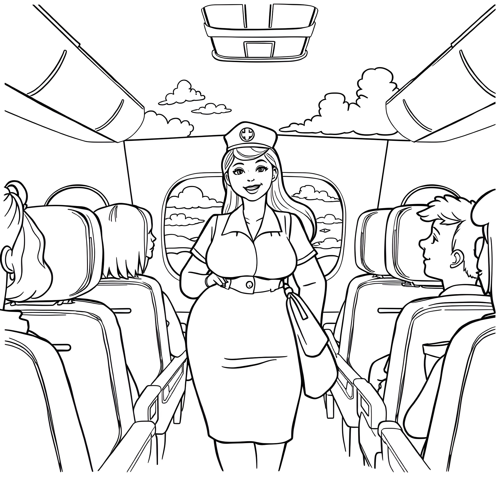 Airplane attendant assisting passengers during flight Coloring Page (free black-and-white line drawing printable PDF for all, from beginners to advanced learners, including children, teens, adults, and seniors)